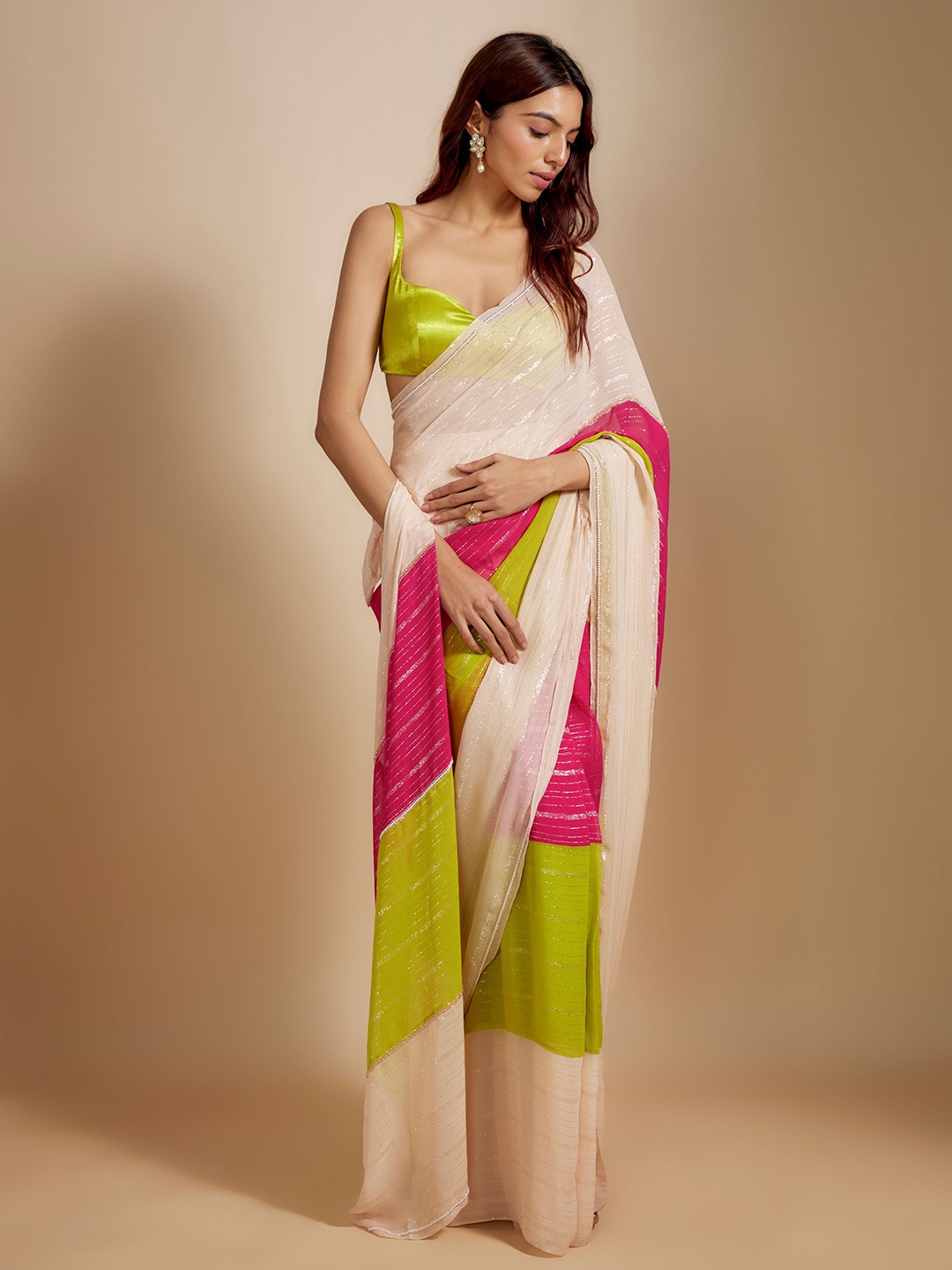 

Masumi Mewawalla Colourblocked Zari Tissue Saree, Pink