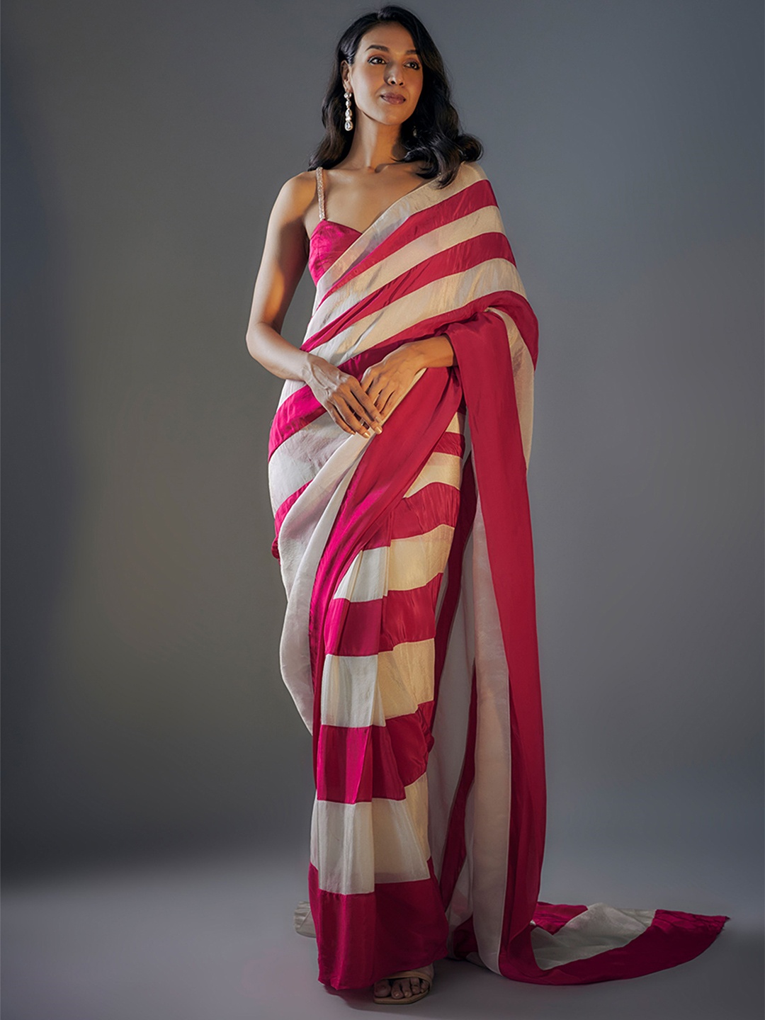 

Masumi Mewawalla Striped Ready to Wear Tissue Saree, Pink