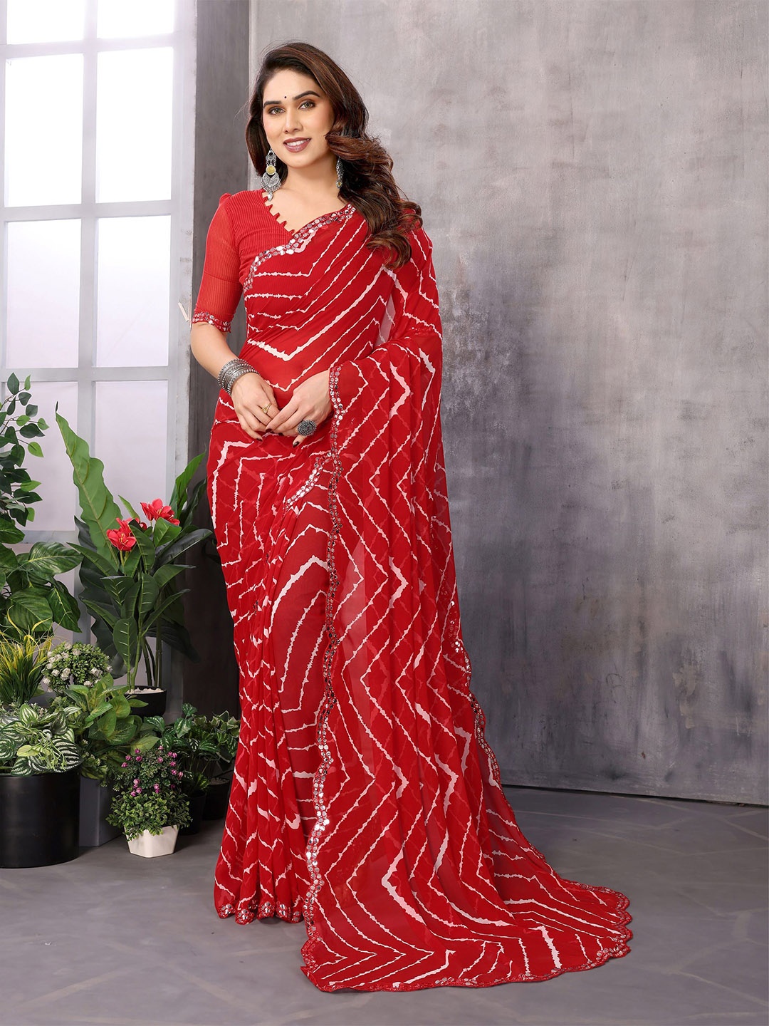 Ambuja International Striped Printed Mirror Work Saree, Red