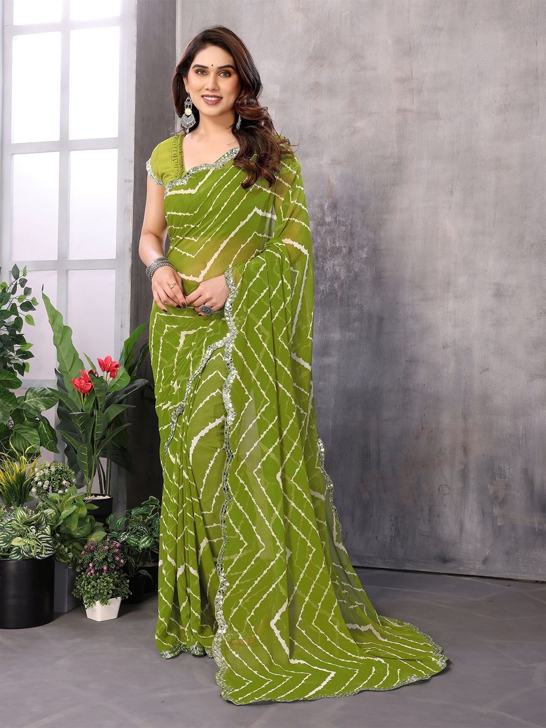 

Ambuja International Mirror Work Leheriya Saree, Sea green