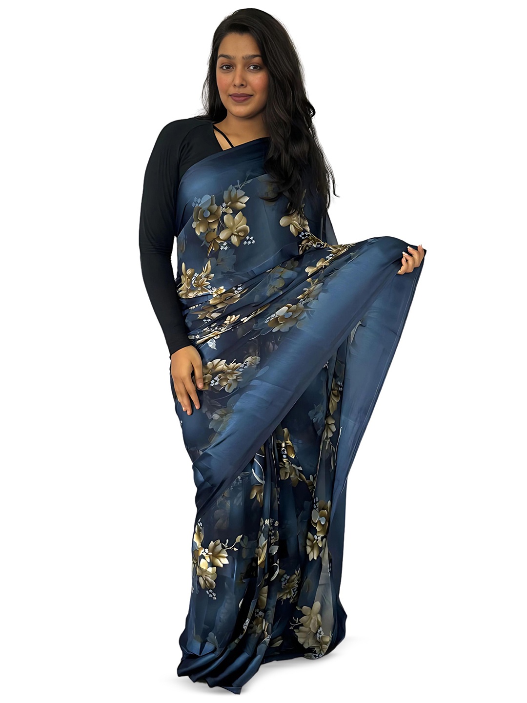 

Sitanjali Floral Pure Georgette Bagh Saree, Navy blue