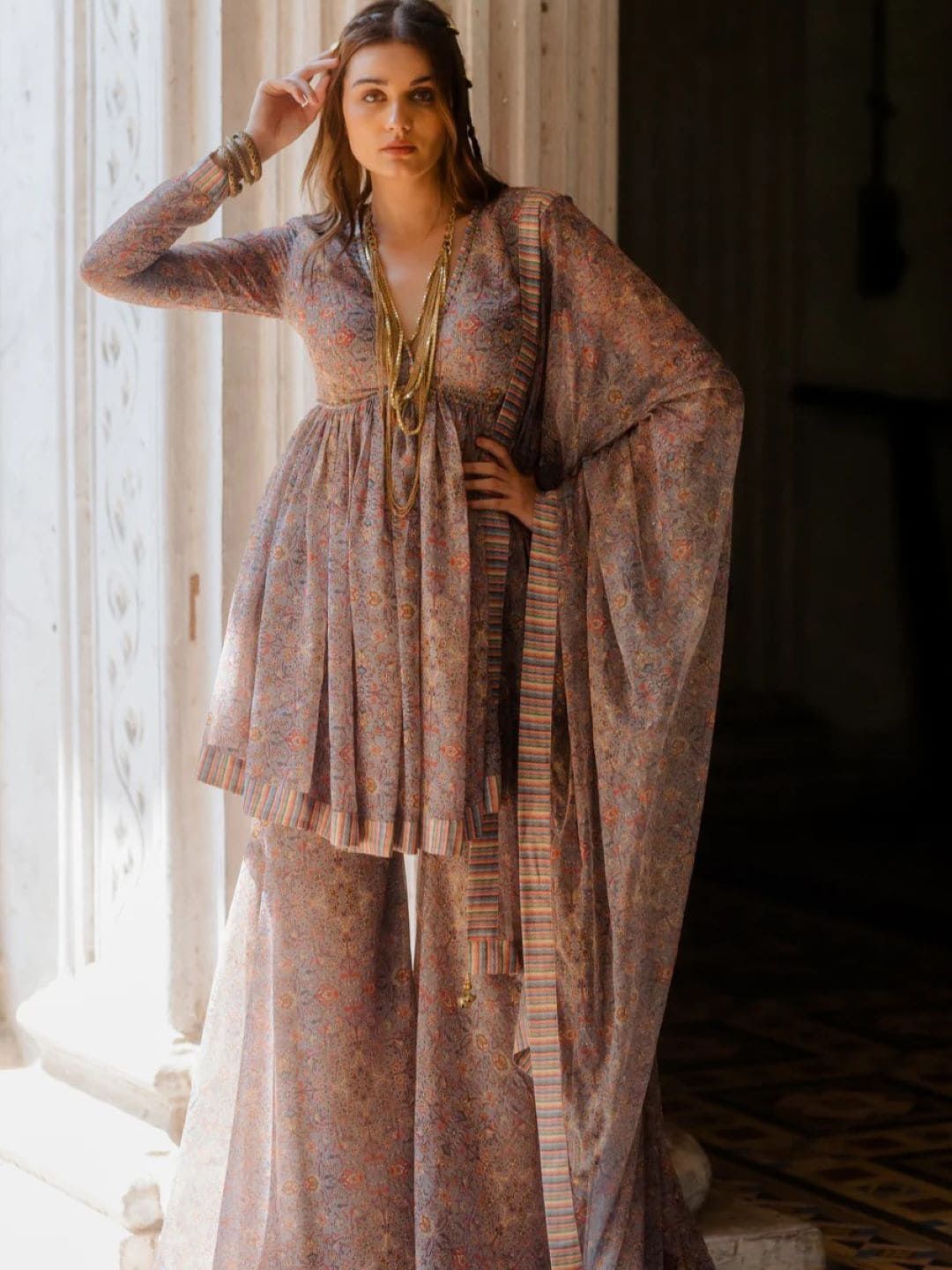 

Nikita Vishakha Floral Printed V-Neck Empire Kurti with Sharara & Dupatta, Grey
