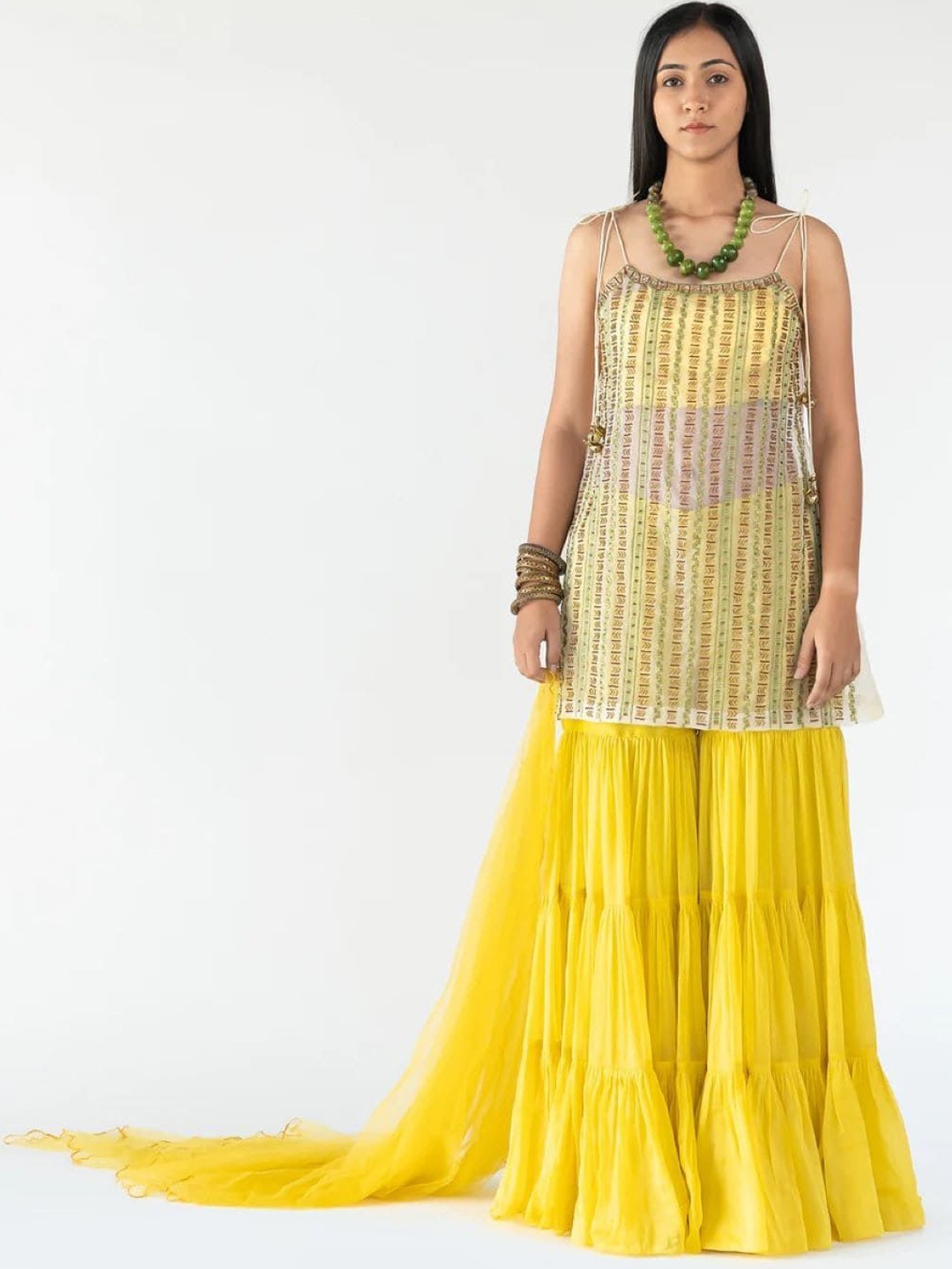 

Nikita Vishakha Embroidered Shoulder Straps Beads and Stones Kurti with Sharara & Dupatta, Yellow