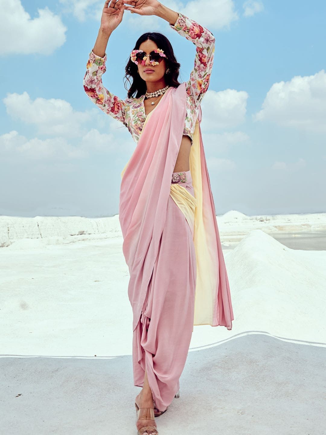 

Nikita Vishakha Floral Patchwork Pure Crepe Saree, Lavender