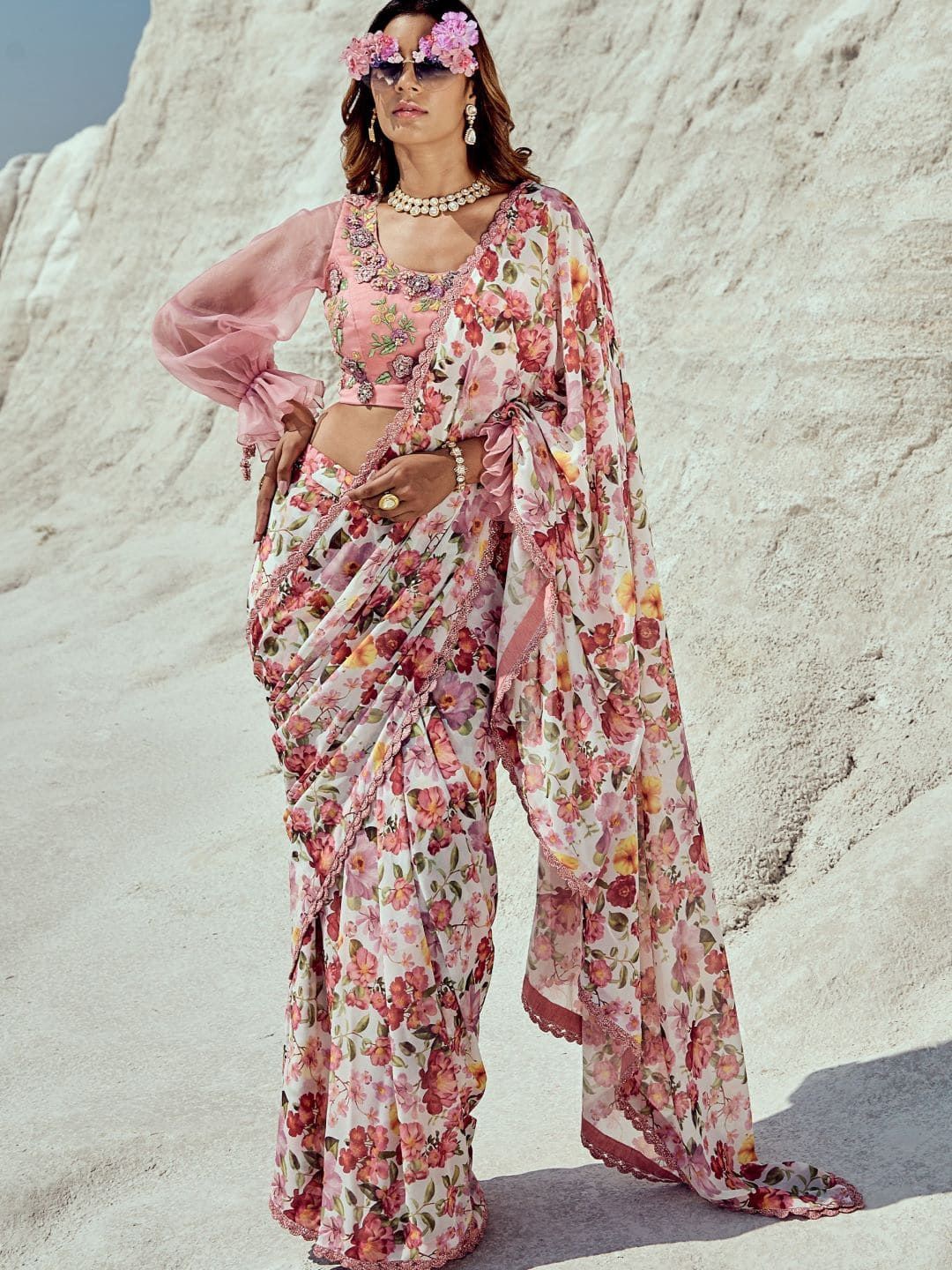 

Nikita Vishakha Floral Organza Saree, Pink