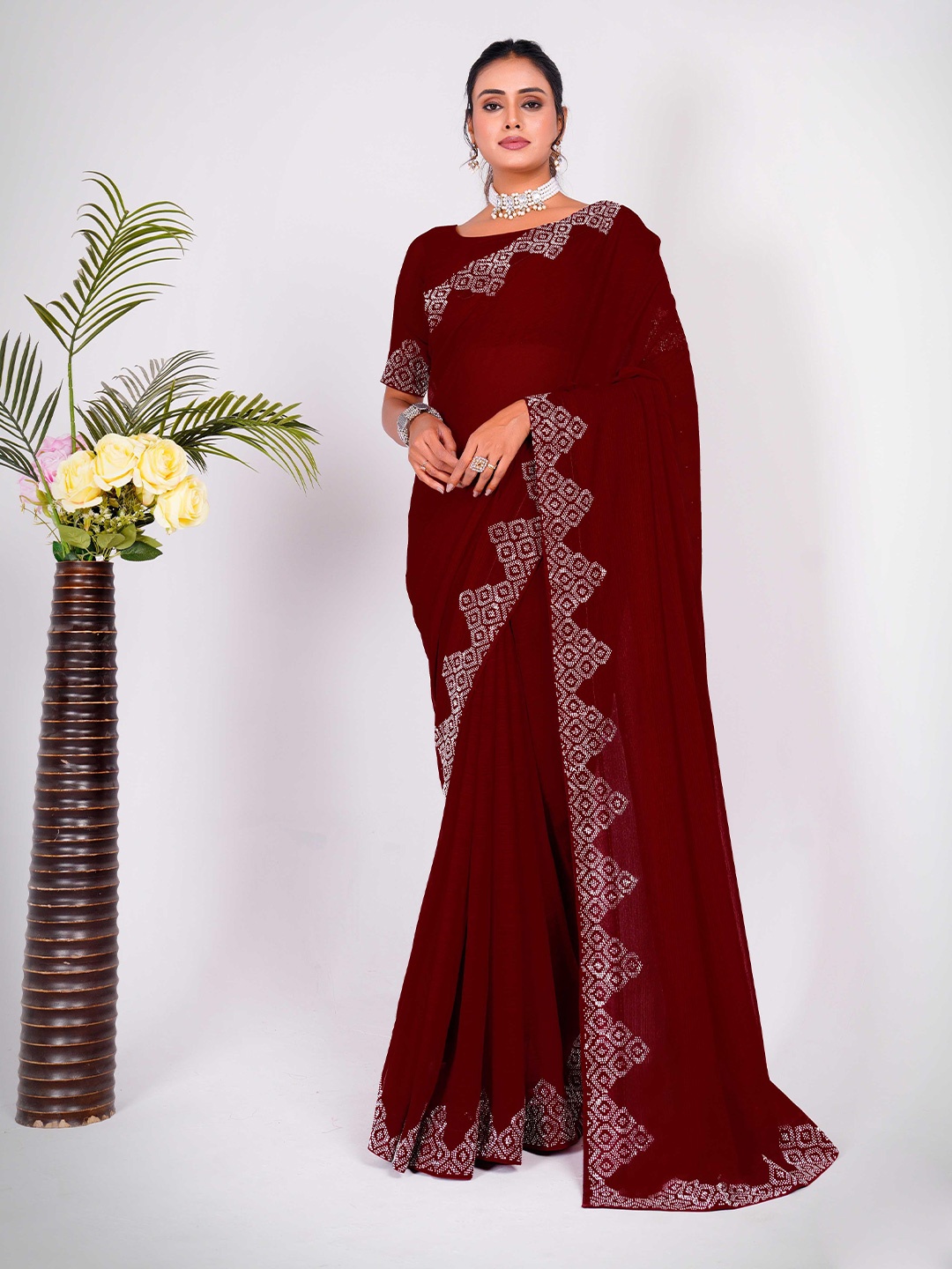 

Mitera Embellished Beads and Stones Saree, Maroon