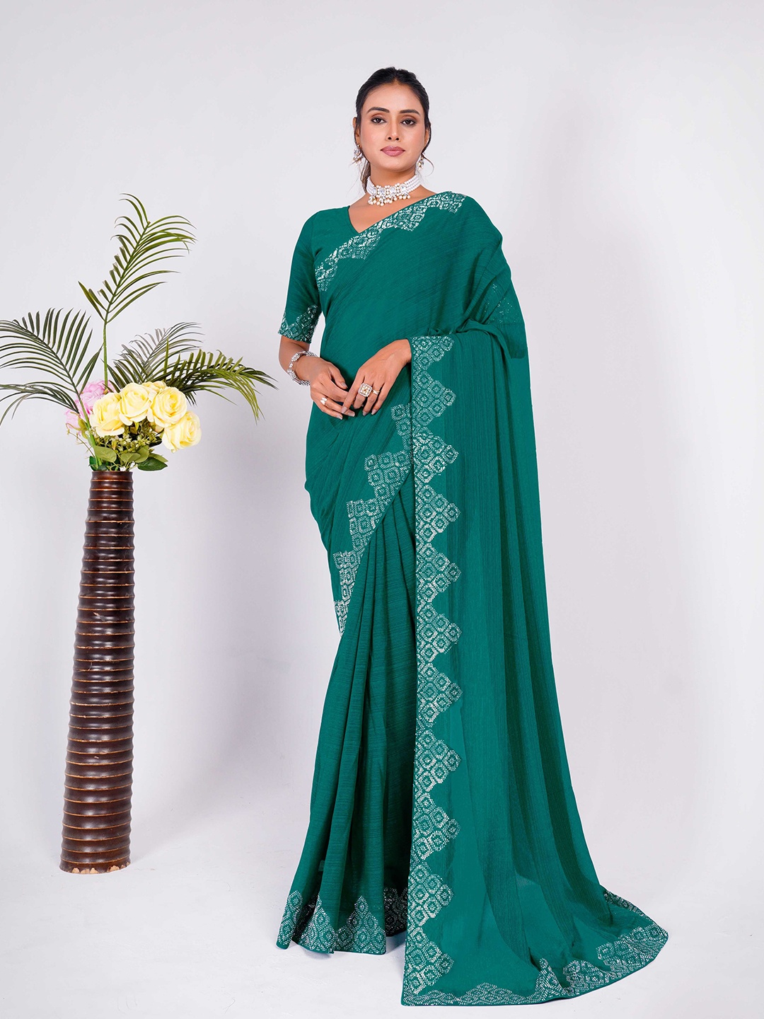 

Mitera Printed Border Saree, Teal