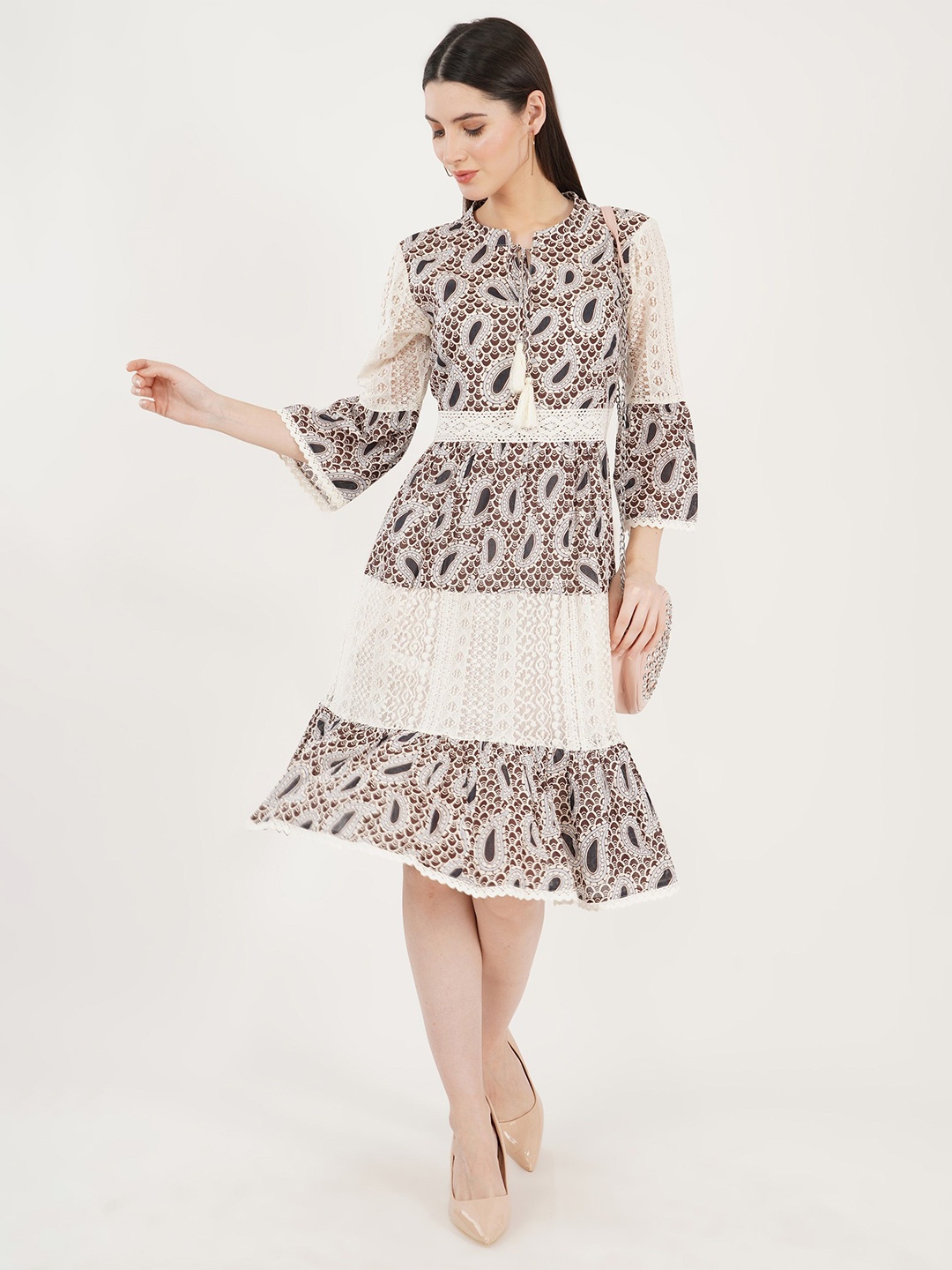 

Sonnesta Animal Print Bell Sleeve Fit & Flare Dress, Coffee brown