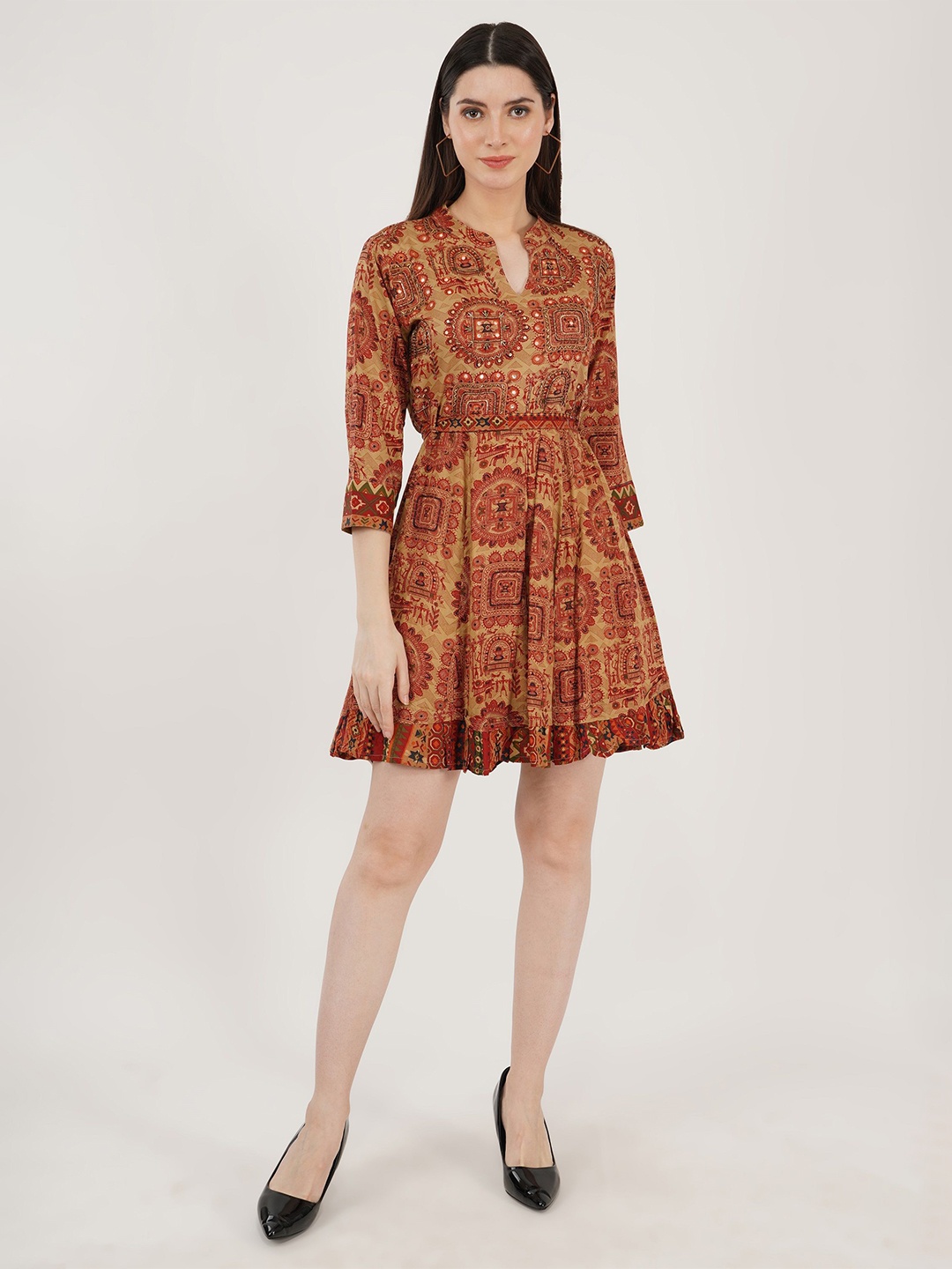 

Sonnesta Ethnic Motifs Print Fit & Flare Dress, Gold