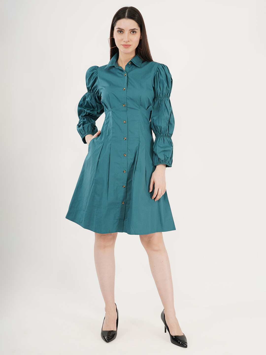

Sonnesta Cuffed Sleeves Shirt Dress, Sea green