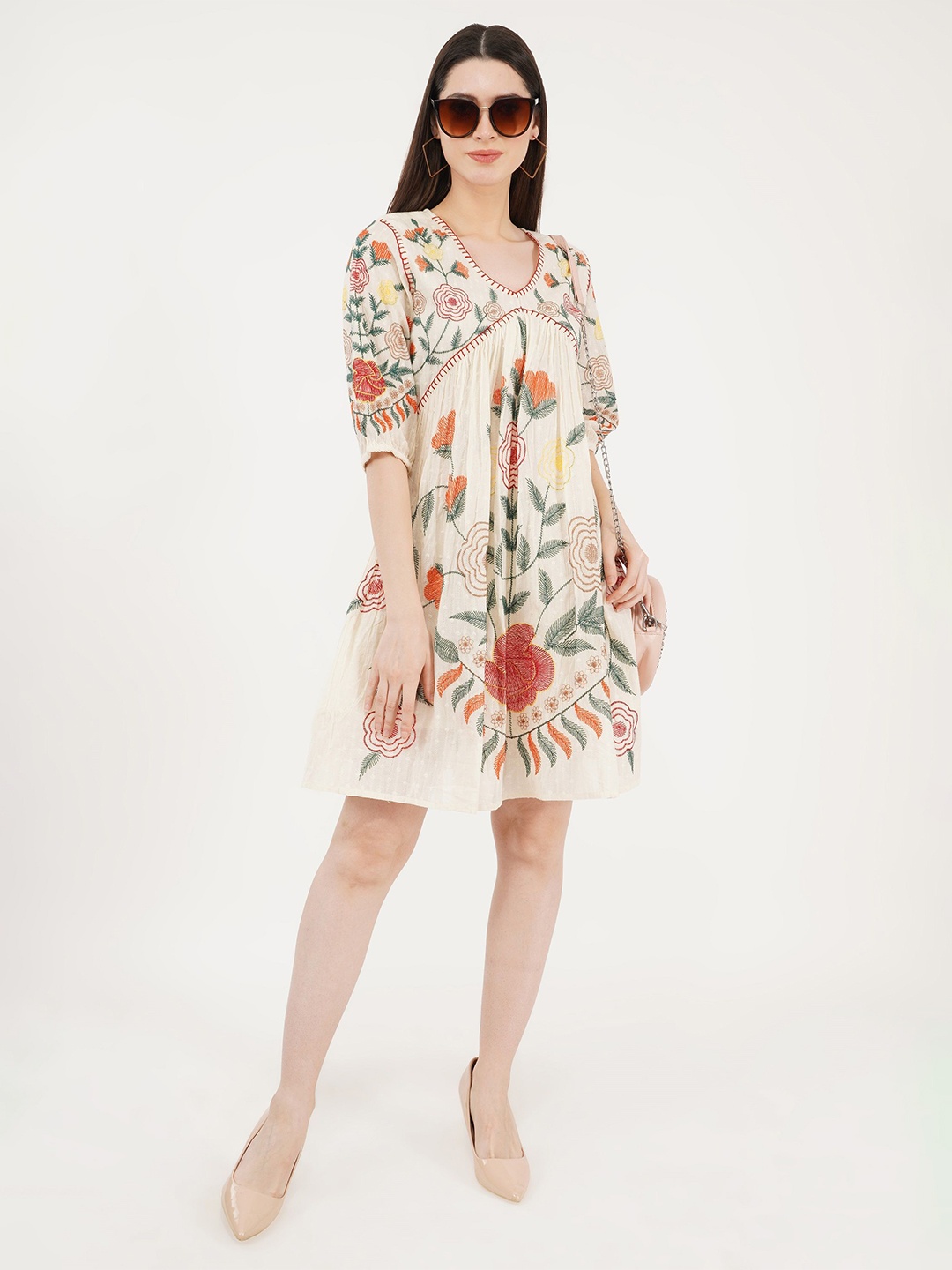 

Sonnesta Floral Embroidered Cotton A-Line Dress, Cream
