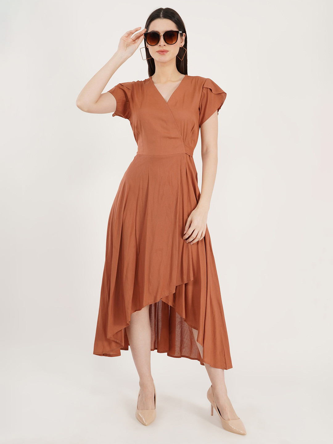 

Sonnesta Flutter Sleeve Fit & Flare Midi Dress, Rust