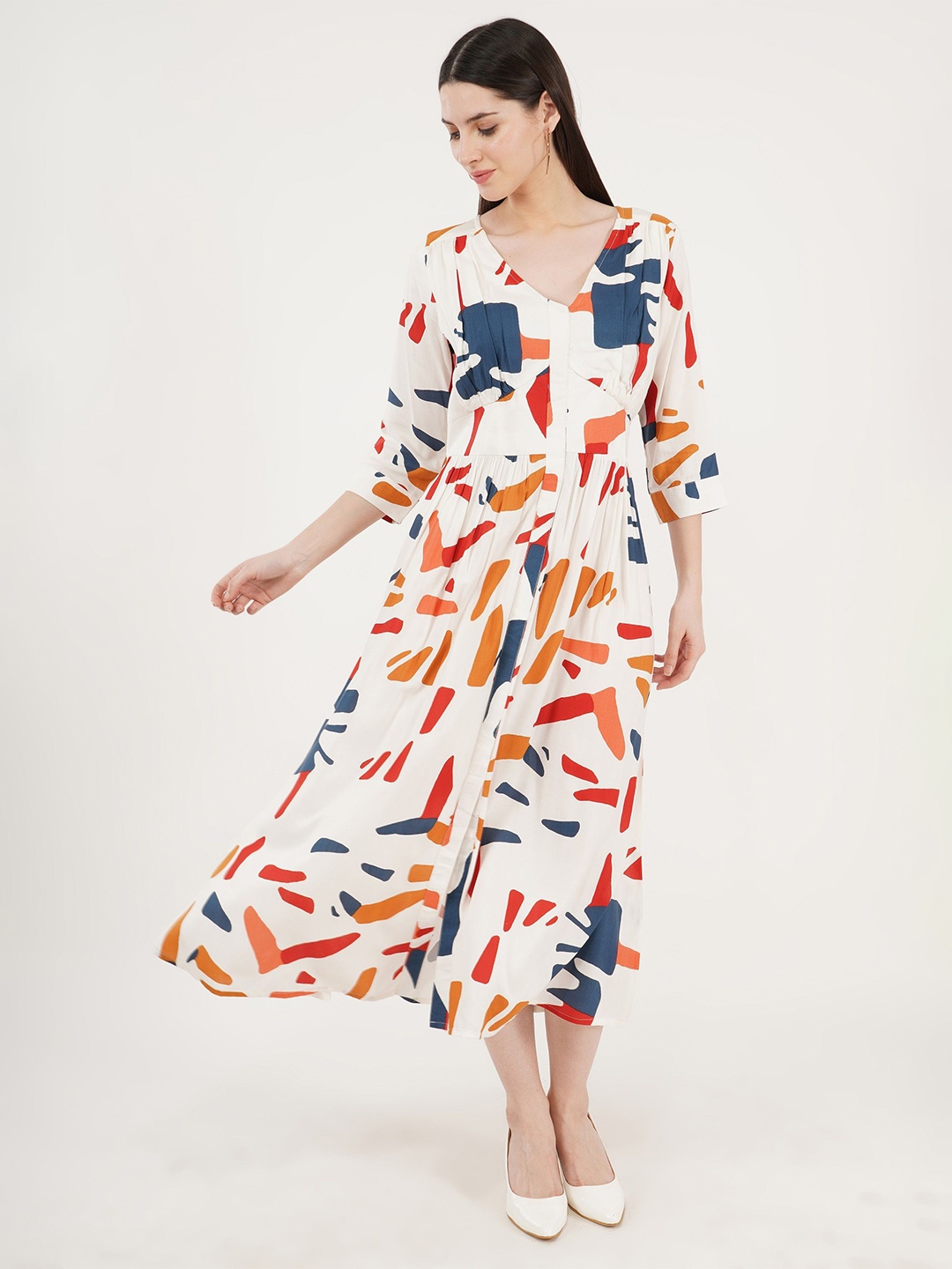 

Sonnesta Women Abstract Print V-neck Fit & Flare Midi Dress, Cream