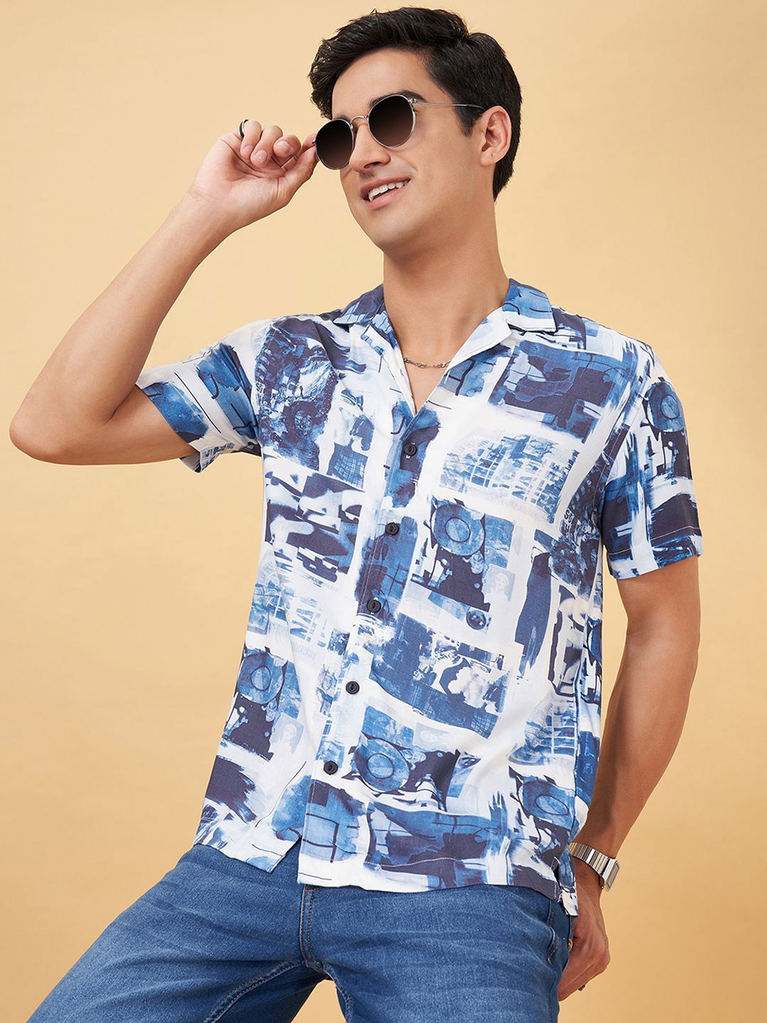 

People Men Slim Fit Printed Casual Shirt, Blue