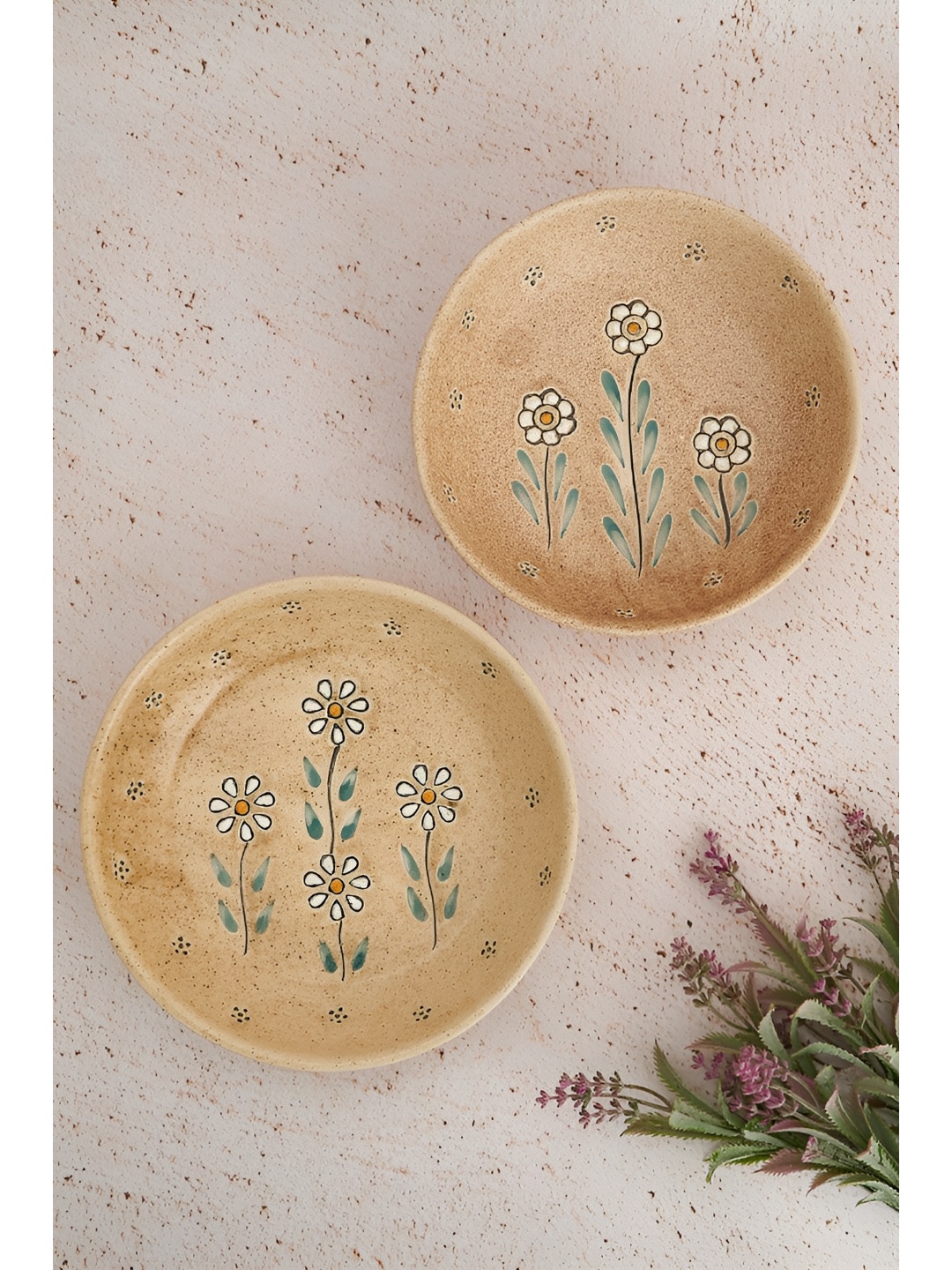 

NURTURE INDIA Beige & White 2 Pieces Printed Ceramic Artisan Bloom Bowl