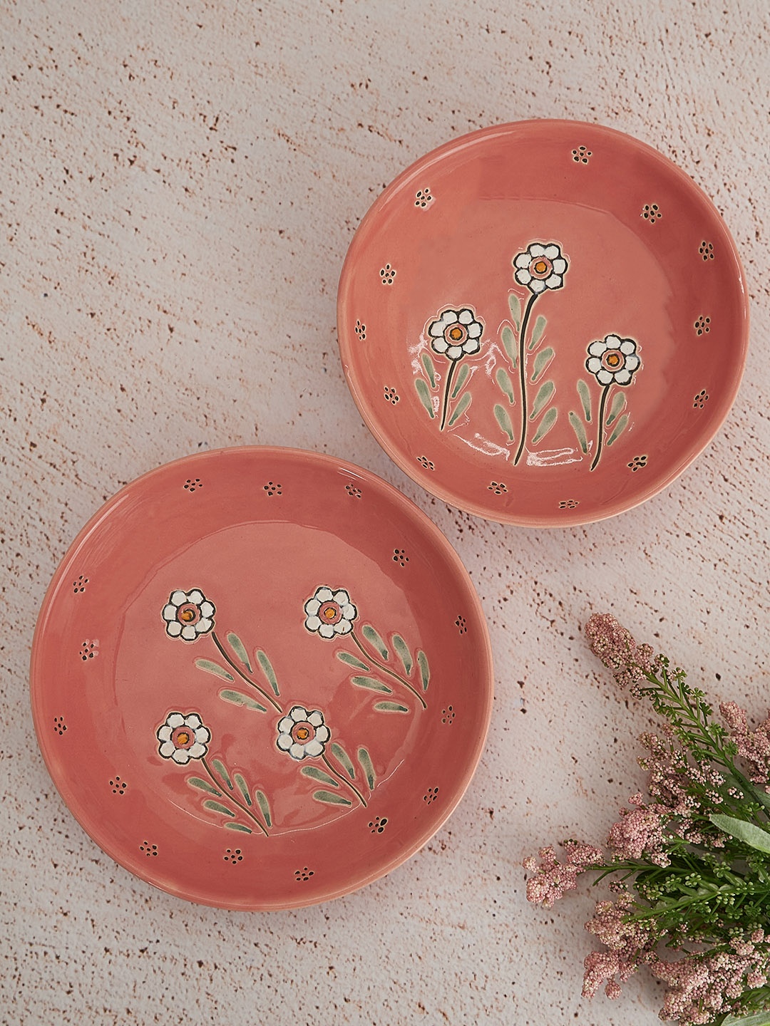 

NURTURE INDIA Pink & White 2 Pieces Floral Bloom Ceramic Bowls