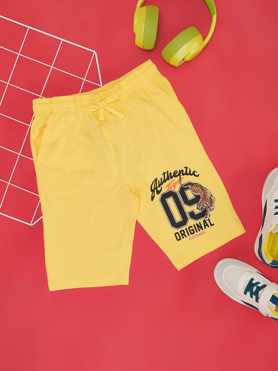 Pantaloons Junior Boys Typography Printed High-Rise Shorts, Yellow