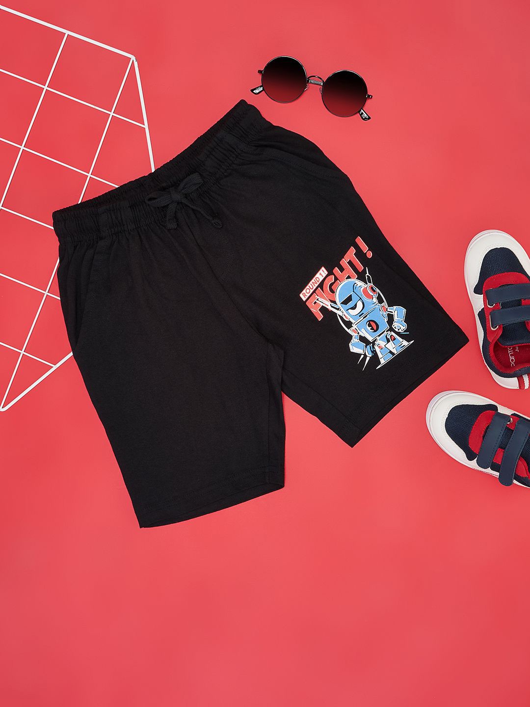 

Pantaloons Junior Boys Graphic Printed Pure Cotton Mid-Rise Shorts, Black