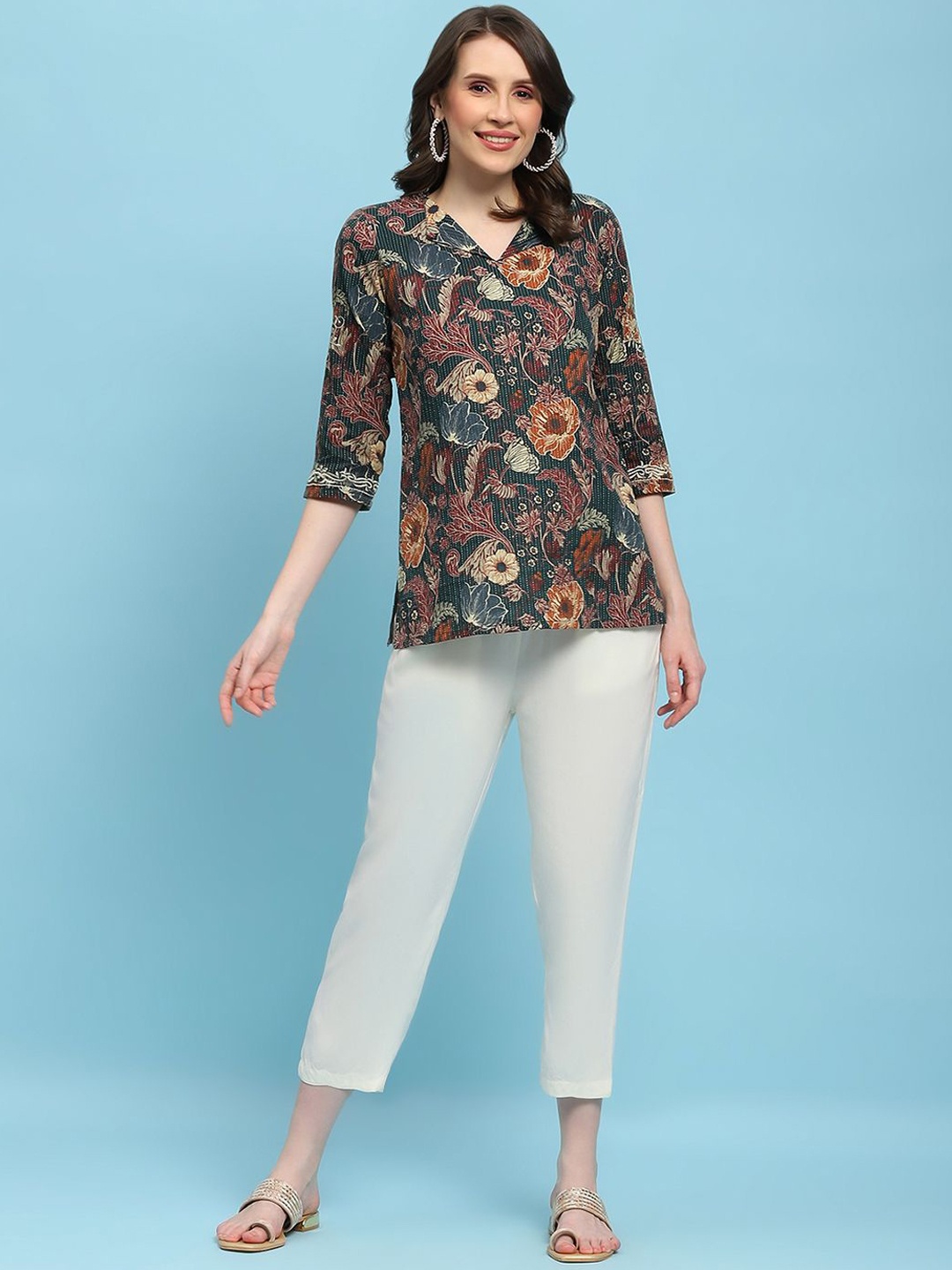

House of Chikankari Embroidered Kantha Work Lapelled Collar Pure Cotton Top With Trousers, Green