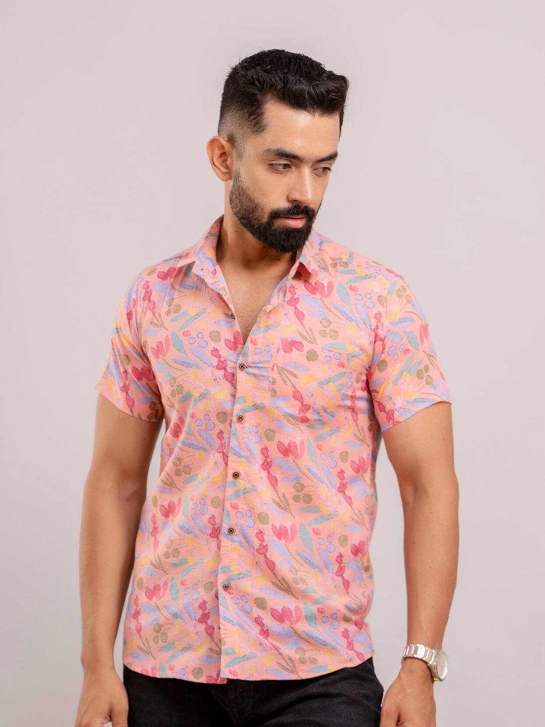 

FrionKandy Men Standard Floral Opaque Printed Casual Shirt, Pink