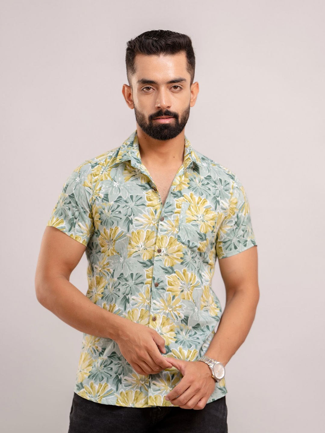 

FrionKandy Men Standard Floral Opaque Printed Cotton Casual Shirt, Sea green