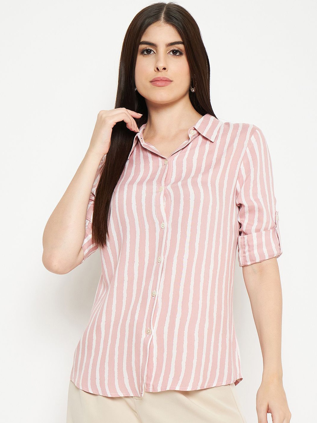 

Ruhaans Women Classic Opaque Striped Casual Regular Fit Shirt, White