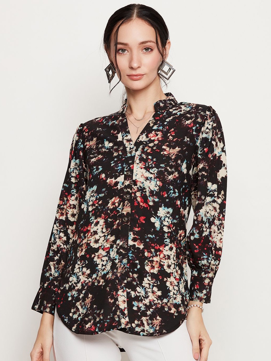 

Ruhaans Women Classic Floral Opaque Printed Casual Regular Fit Shirt, Black