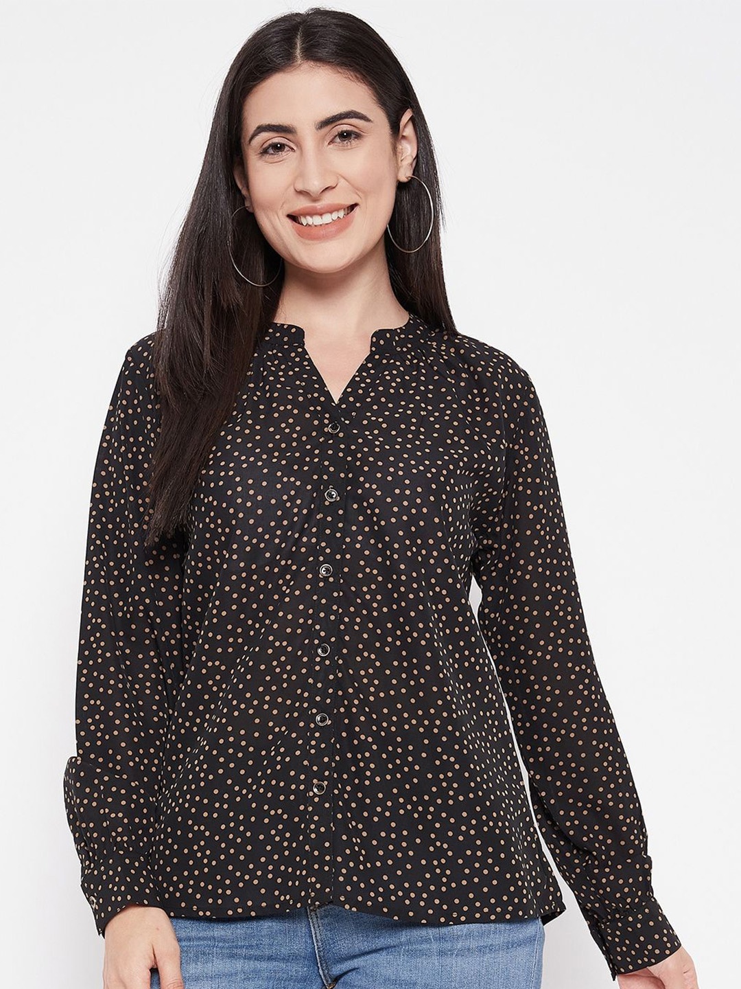 

Ruhaans Women Classic Polka Dot Opaque Printed Casual Regular Fit Shirt, Black