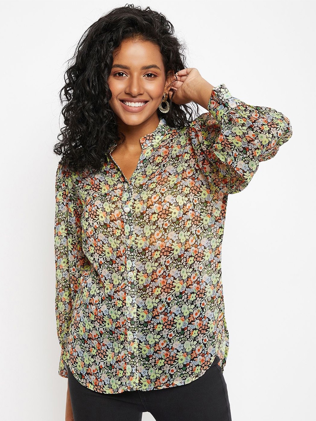 

Ruhaans Women Classic Floral Opaque Printed Regular Fit Casual Shirt, Green