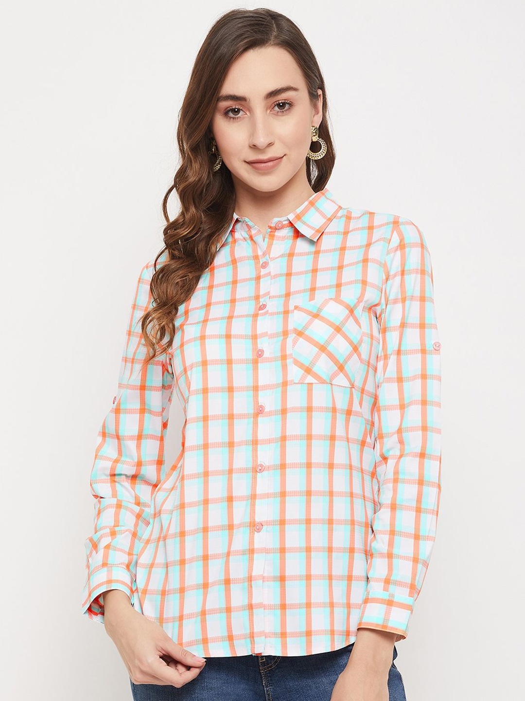 

Ruhaans Women Classic Tartan Checks Opaque Checked Regular Fit Casual Shirt, Orange