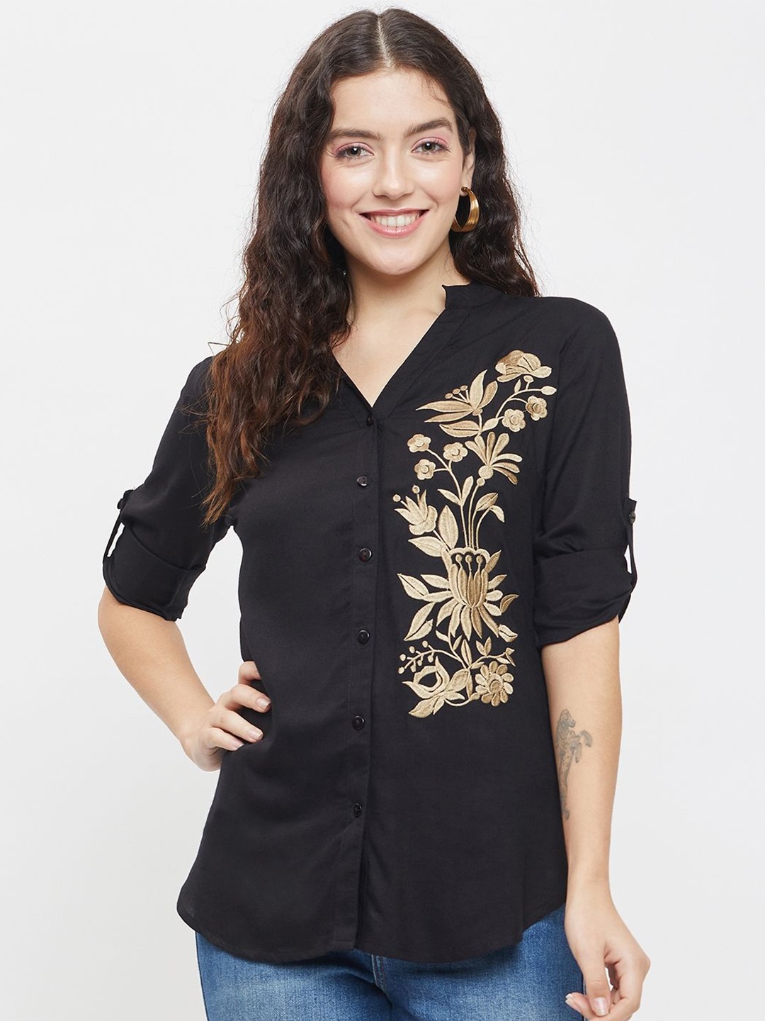 

Ruhaans Women Classic Floral Opaque Casual Shirt, Black