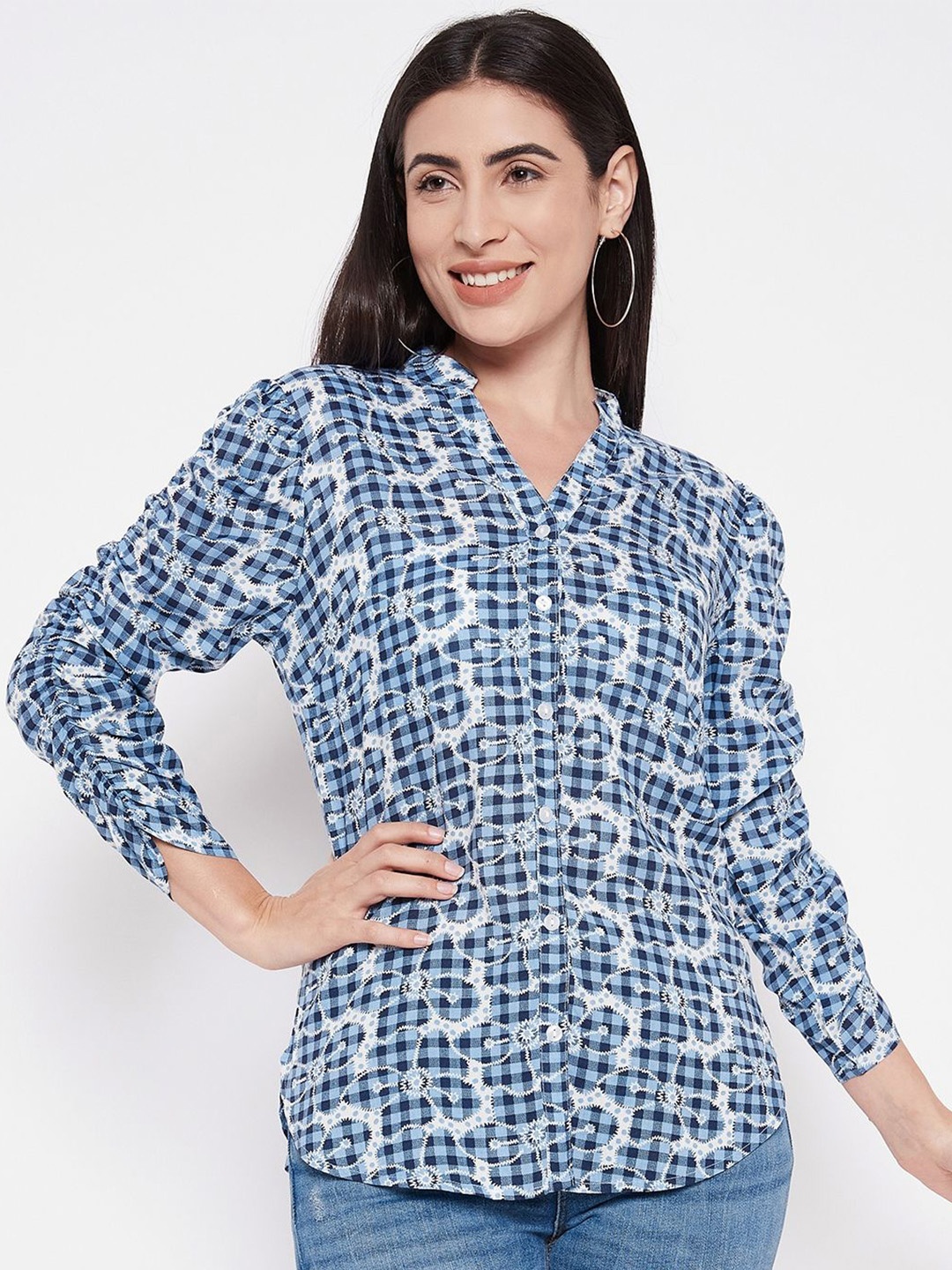 

Ruhaans Women Classic Opaque Printed Casual Shirt, Blue