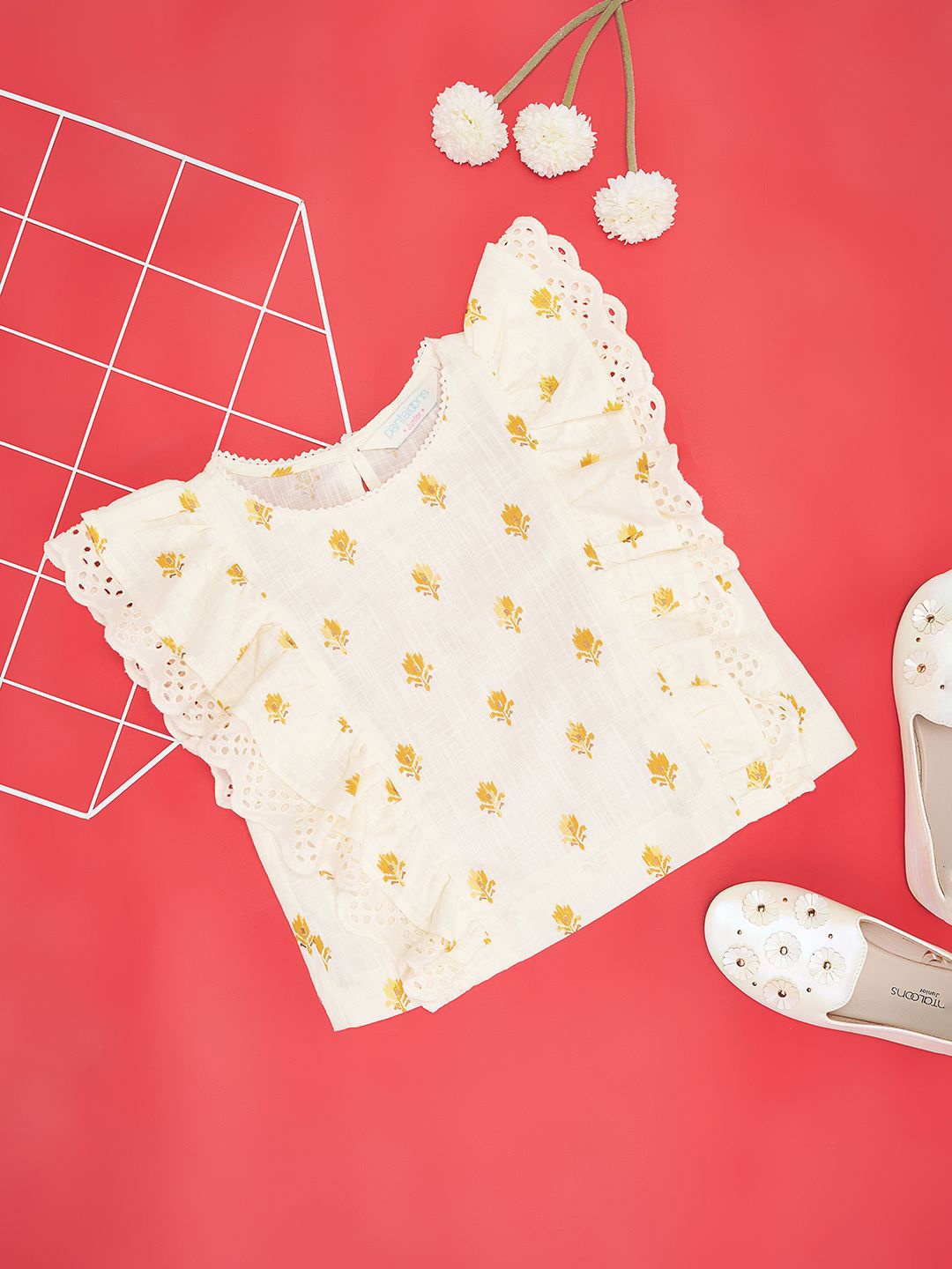 

AKKRITI BY PANTALOONS Printed Cold-Shoulder Cotton Top, Yellow