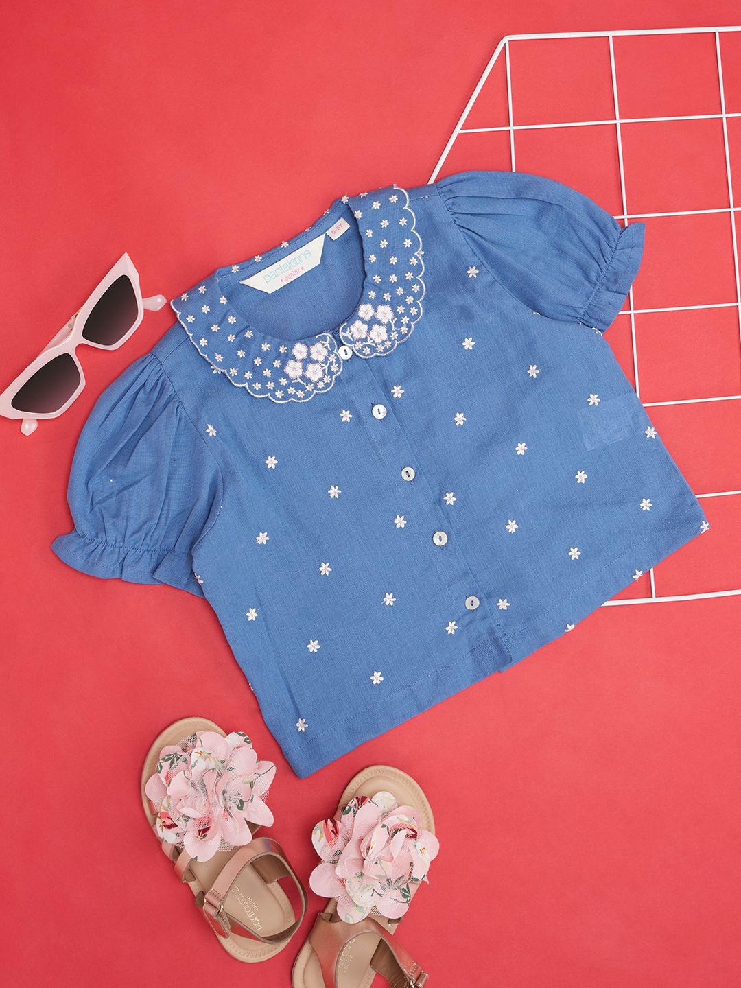 

AKKRITI BY PANTALOONS Floral Printed Puff Sleeve Cotton Top, Blue