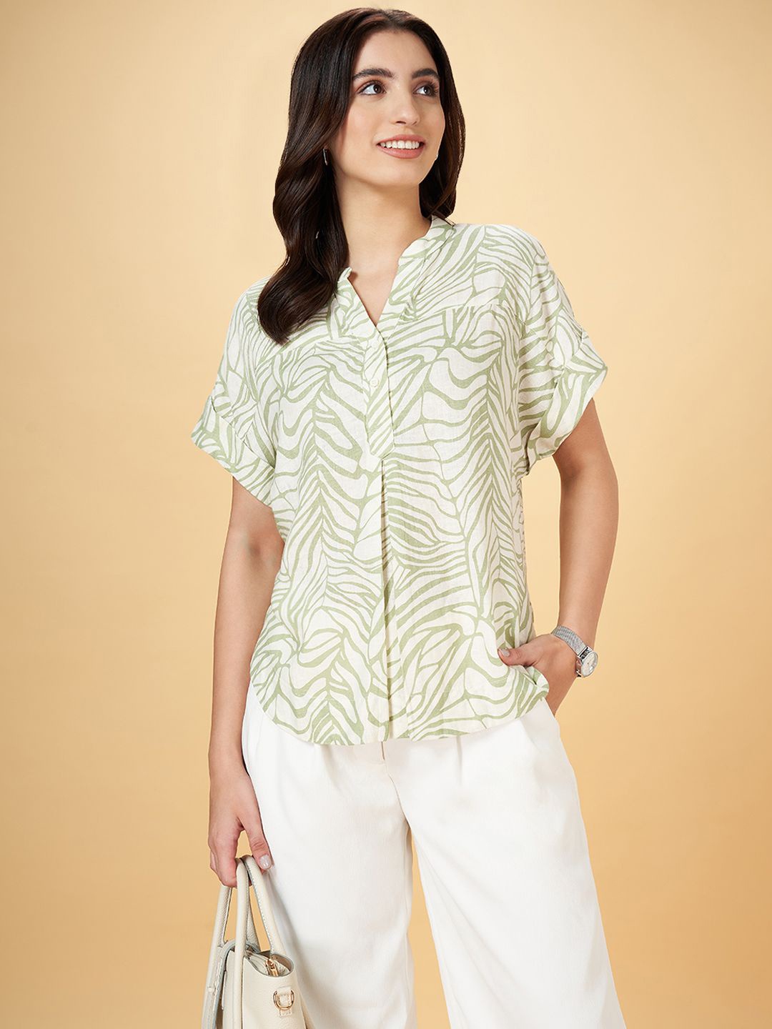 

Annabelle by Pantaloons Printed Mandarin Collar Extended Sleeves Shirt Style Top, Khaki