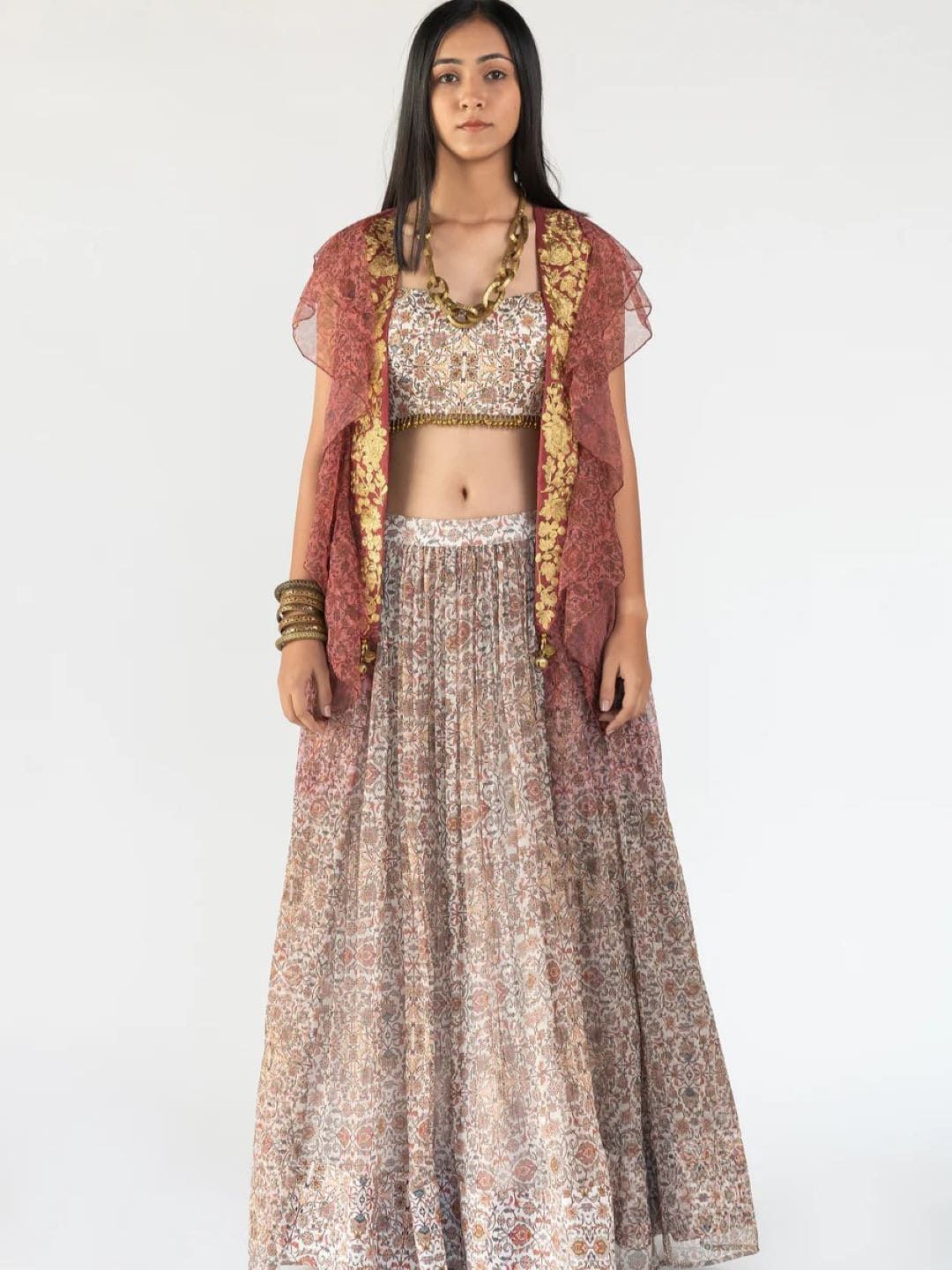 

Nikita Vishakha Floral Print Flutter Sleeve Georgette Maxi Dress, Rust