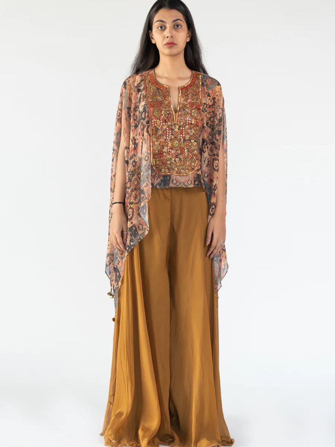 

Nikita Vishakha Floral Print Cape Sleeve Georgette Maxi Dress, Rust