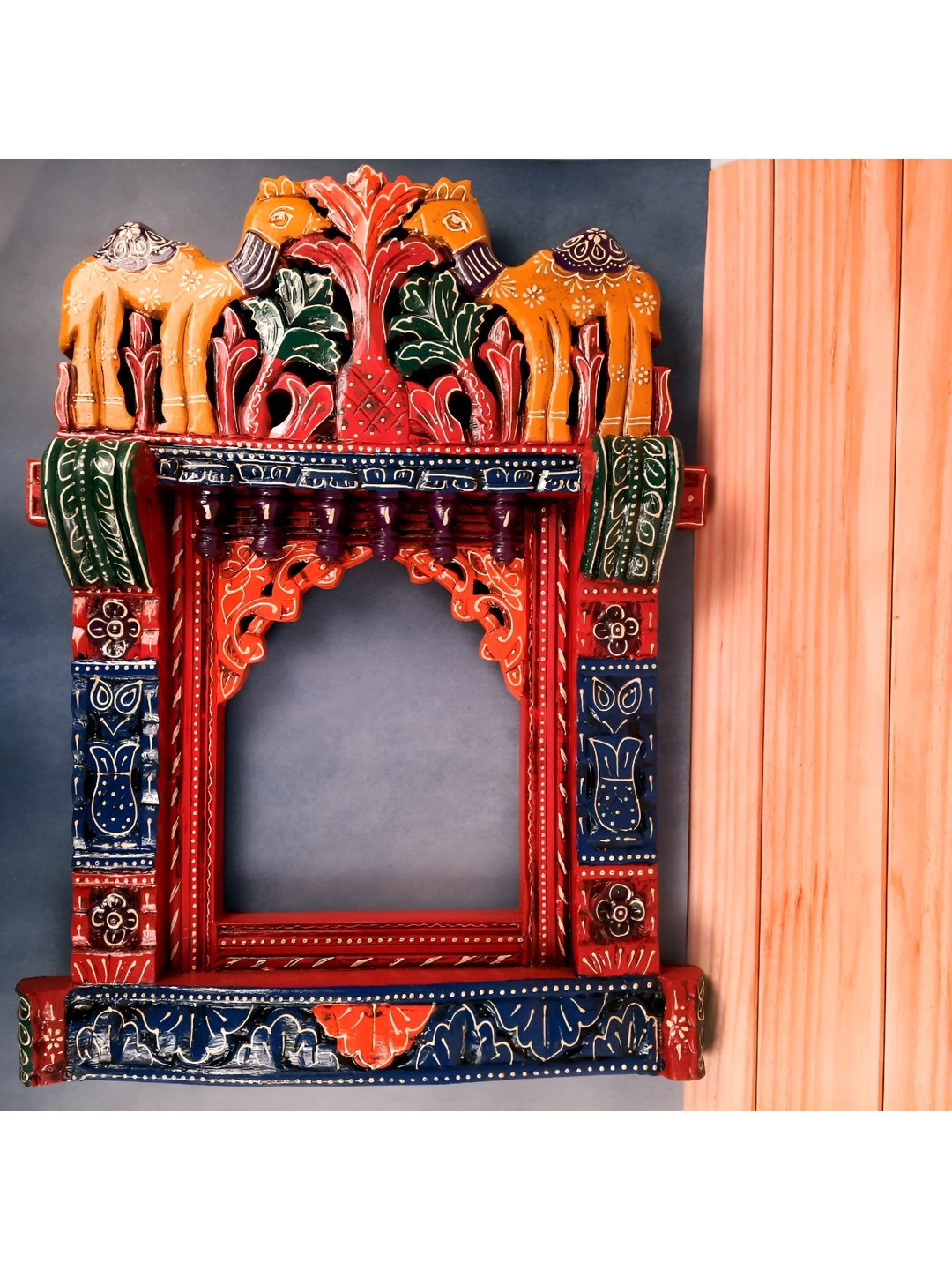 

apka mart Brown & Blue Textured Wooden Jharokha Wall Decor