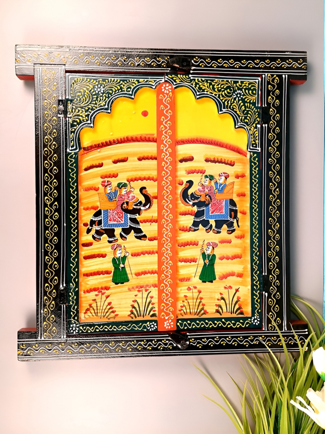 

apka mart Brown & Yellow Textured Wooden Jharokha Wall Decor