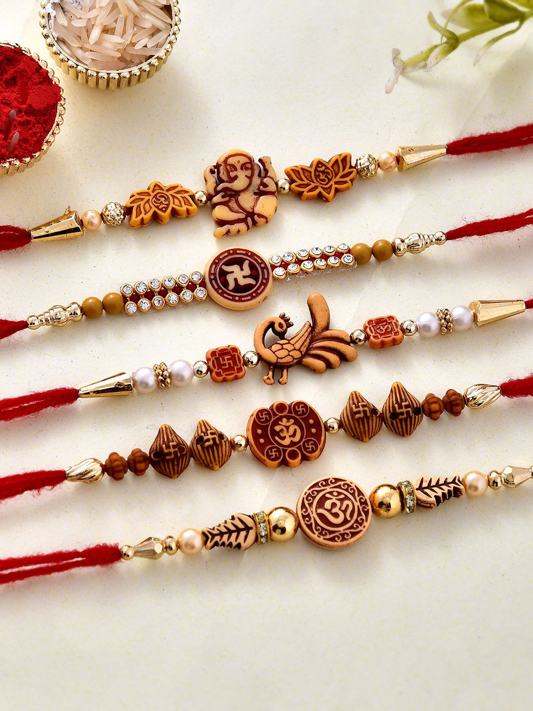 

CraftVatika Set Of 5 Beaded Rakhis With Greeting Card, Red