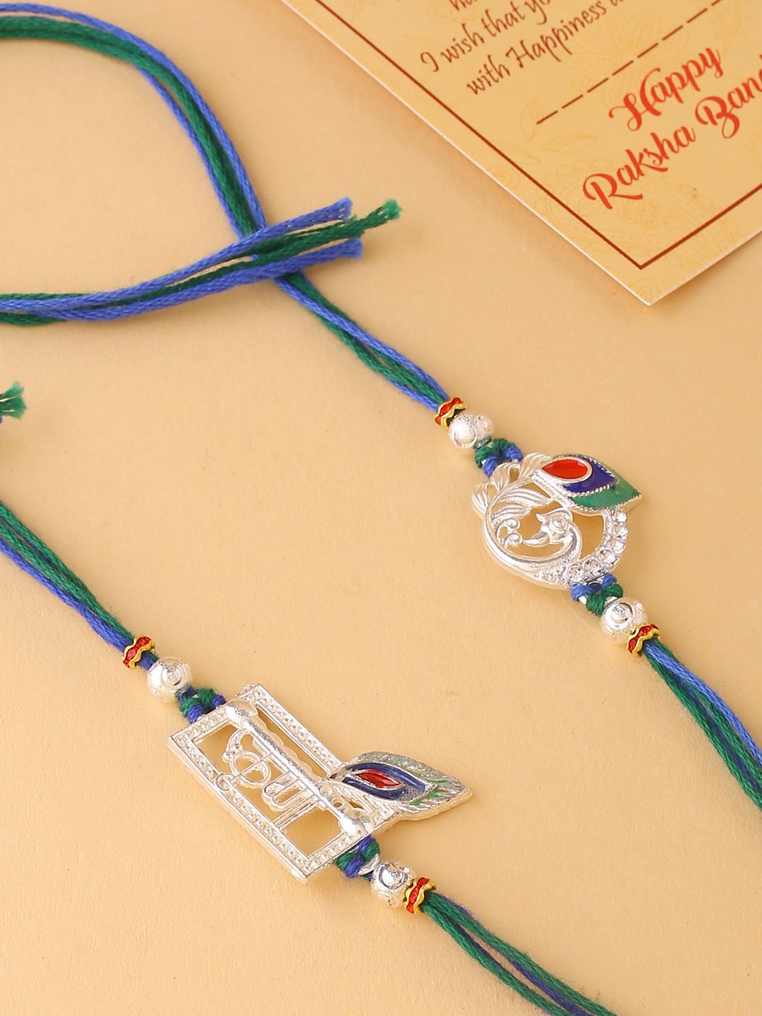 

CraftVatika Set Of 2 Beaded Rakhis With Greeting Card, Silver