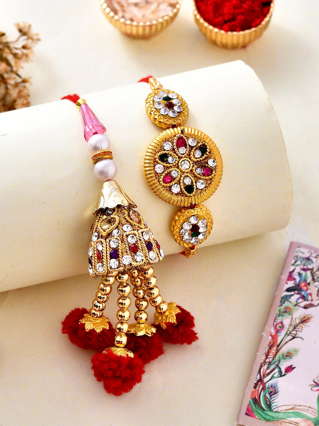 

CraftVatika Set Of 2 Beaded Rakhis With Greeting Card, Gold