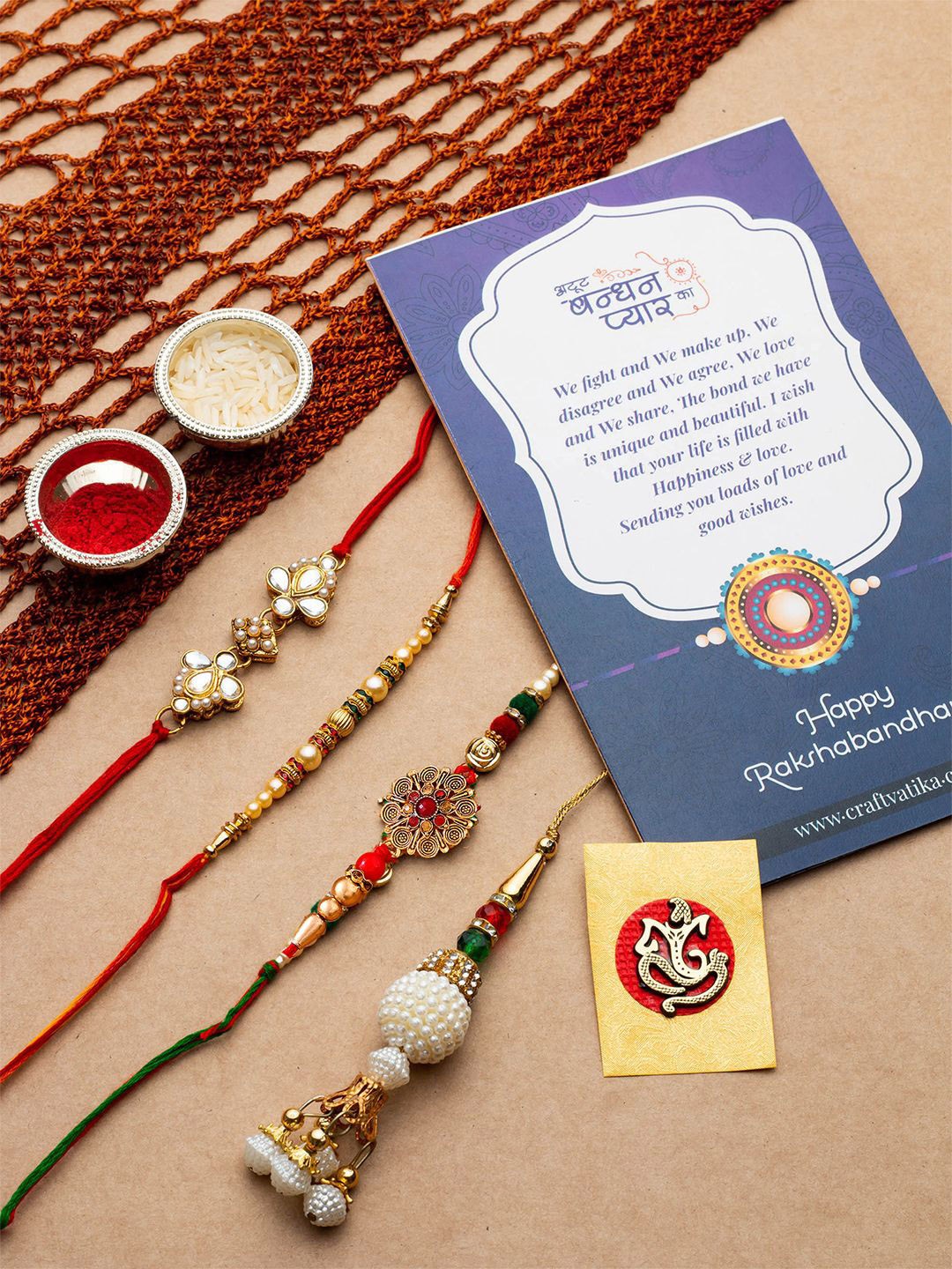 

CraftVatika Set Of 4 Beaded Rakhis With Greeting Card, Red