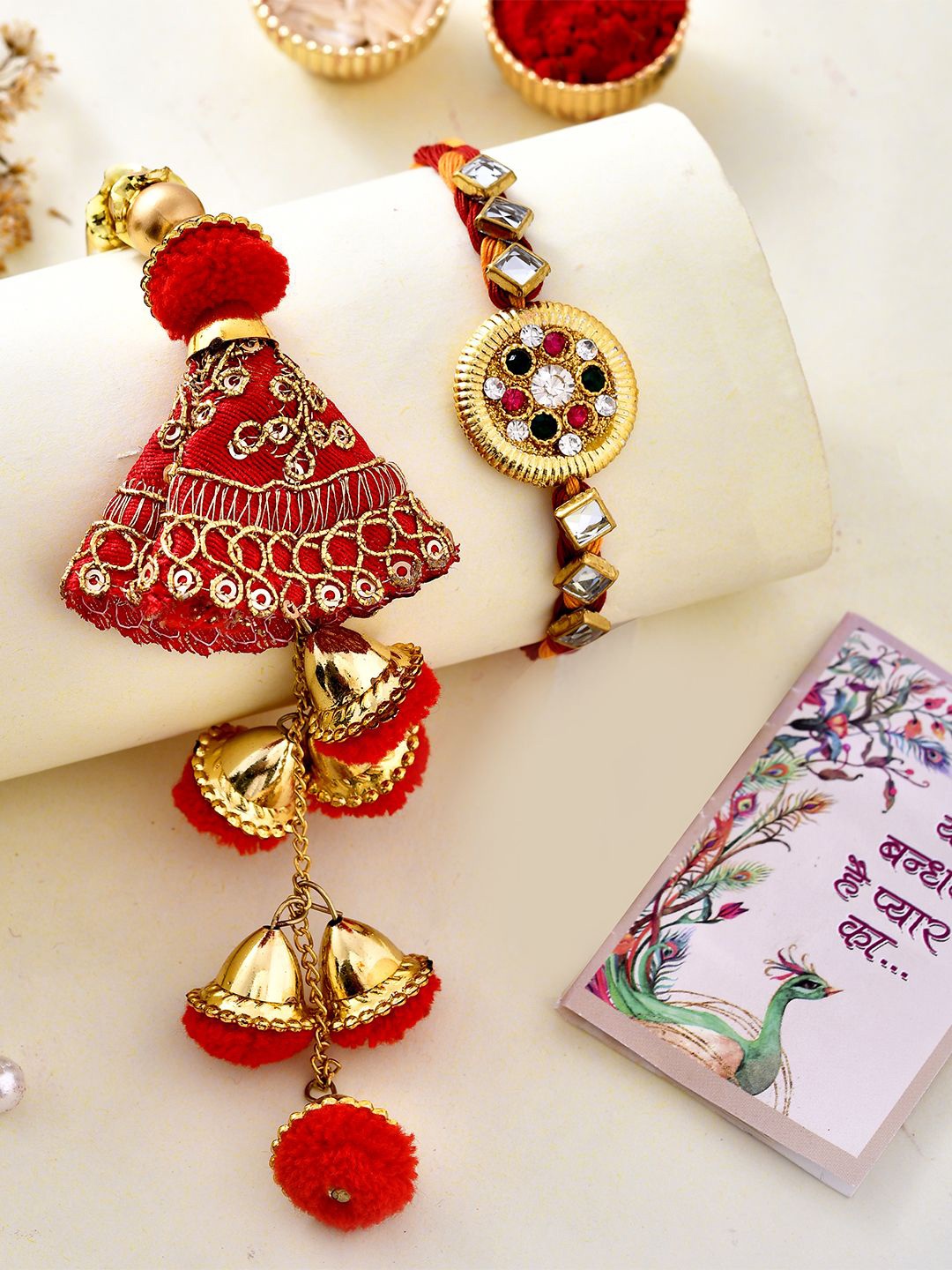 

CraftVatika Beaded Bhaiya Bhabhi Rakhis With Greeting Card, Red