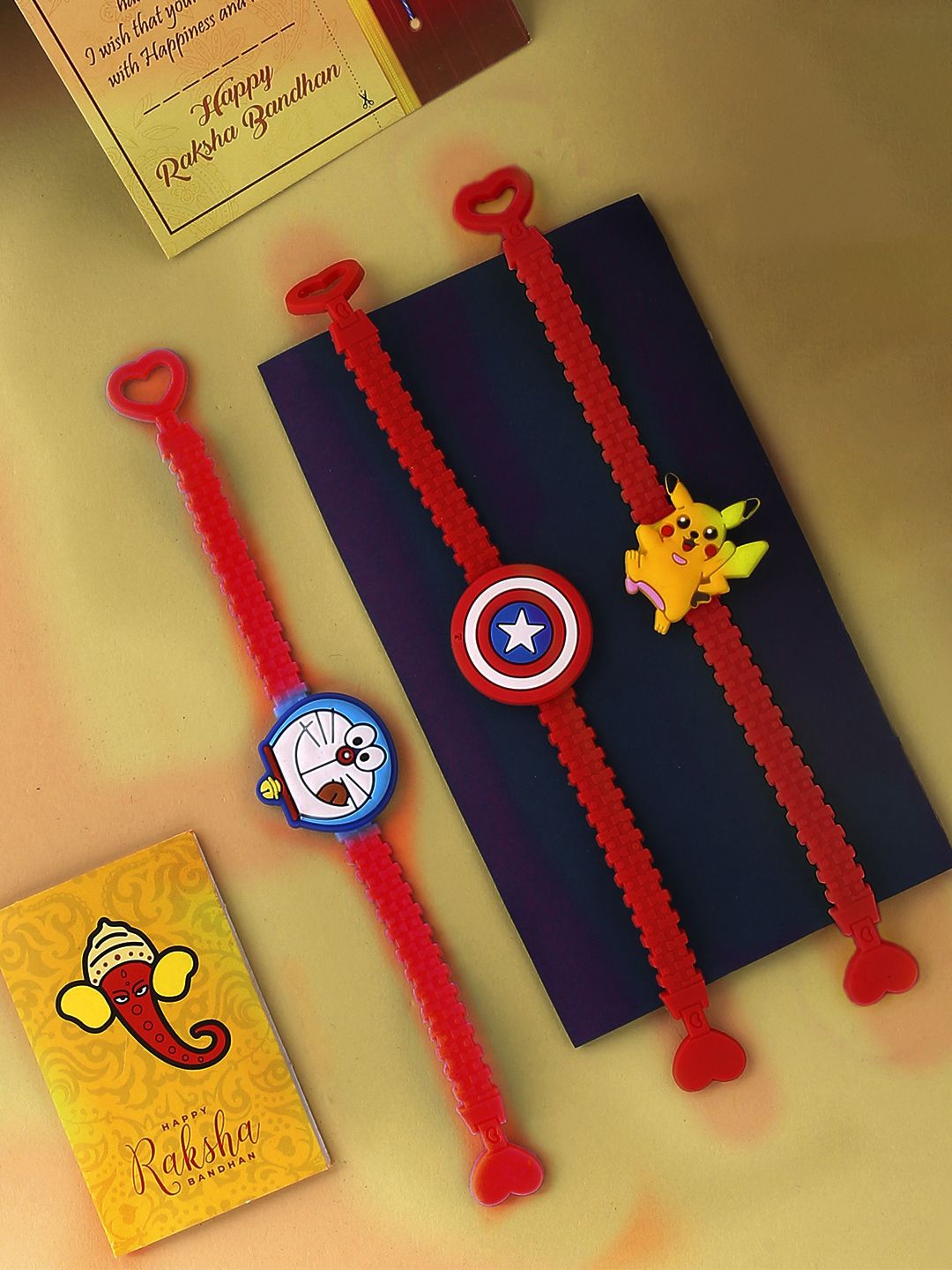 

CraftVatika Set Of 3 Beaded Rakhis With Greeting Card, Red