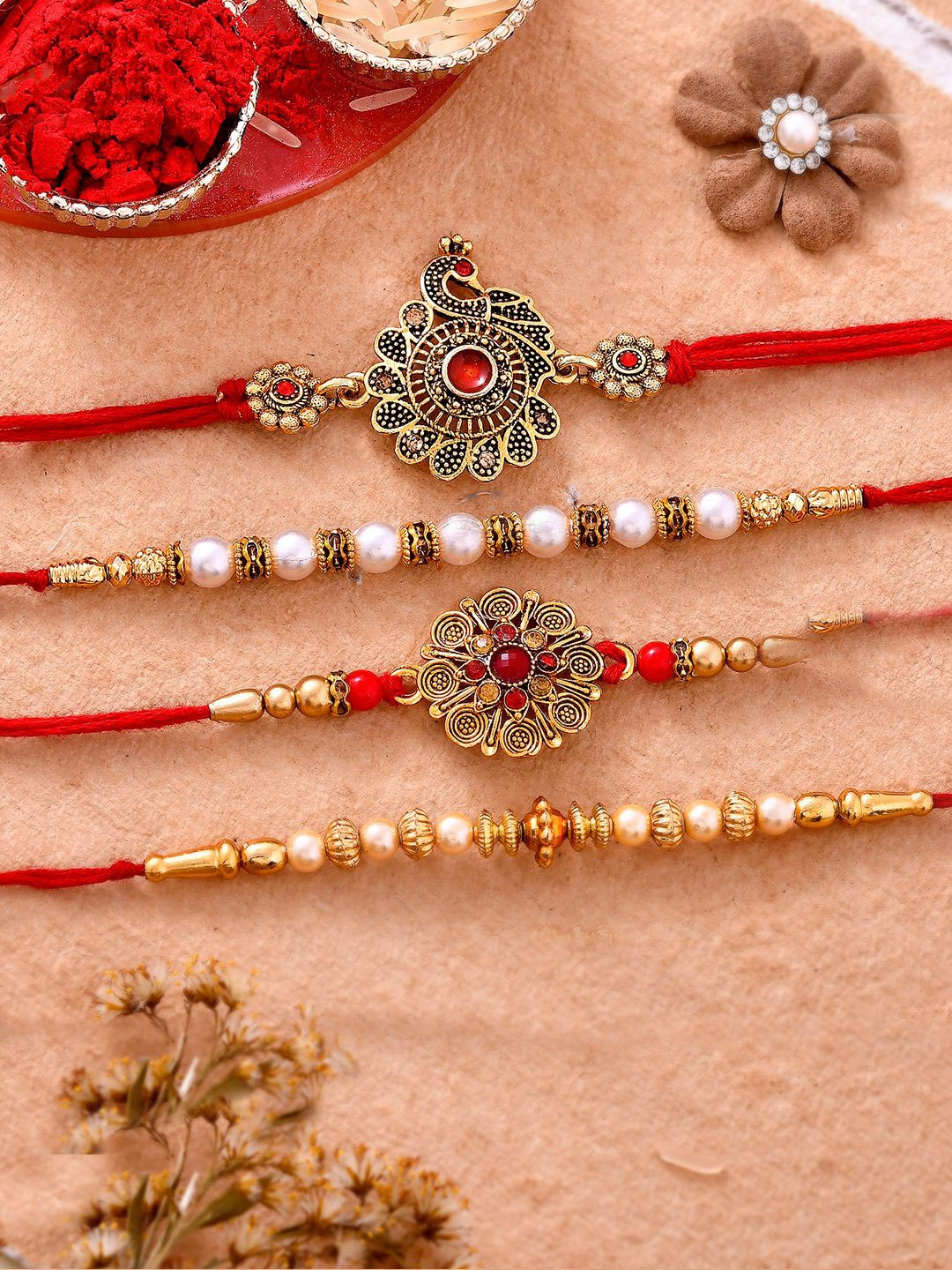 

CraftVatika Set Of 4 Stone Studded Beaded Rakhis With Greeting Card, Red