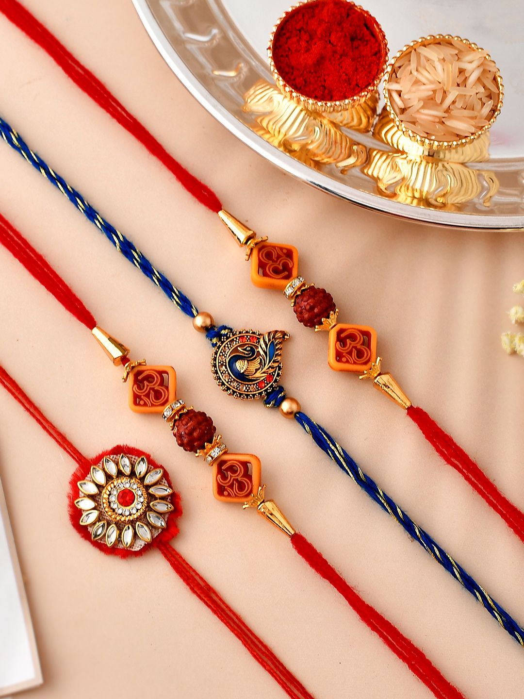 

CraftVatika Set Of 4 Beaded Rakhis With Greeting Card, Red
