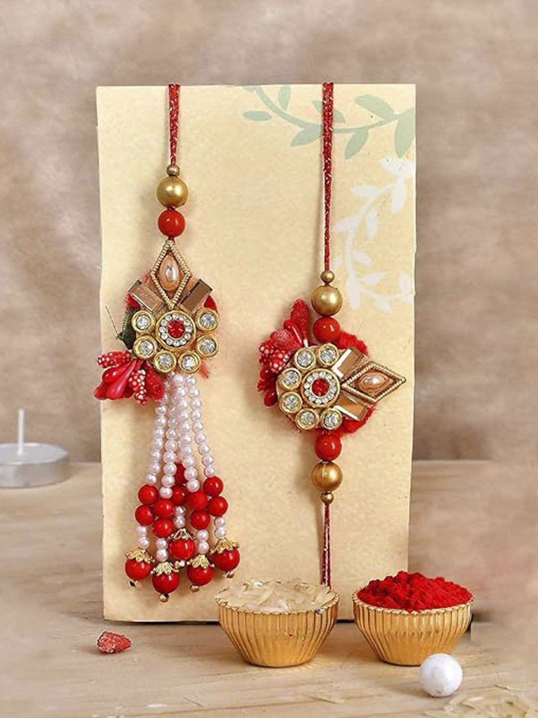 

CraftVatika Stone Studded Beaded Bhaiya Bhabhi Rakhis With Greeting Card, Red
