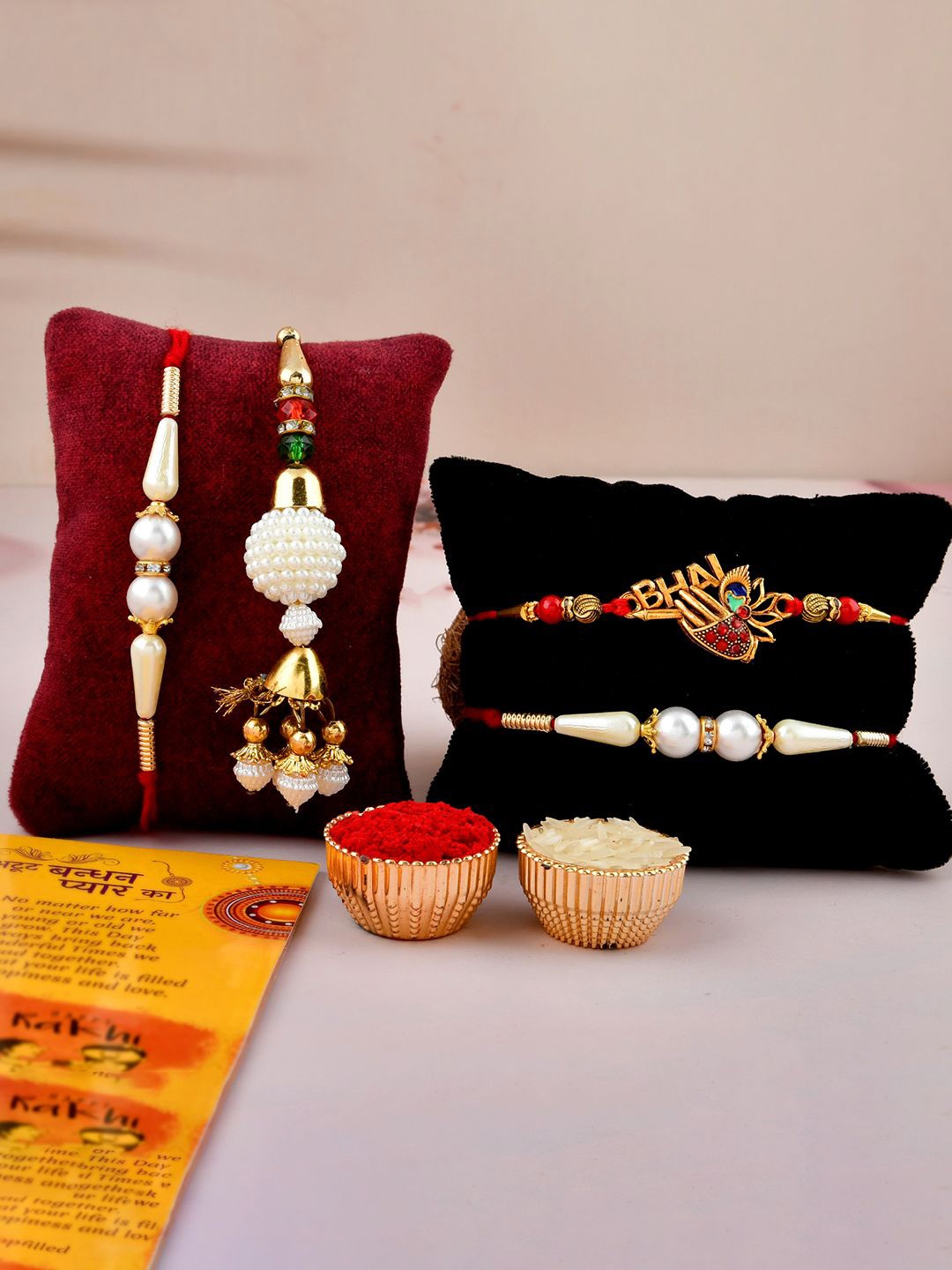 

CraftVatika Set of 4 Beaded Thread Rakhis with Greeting Card, Red