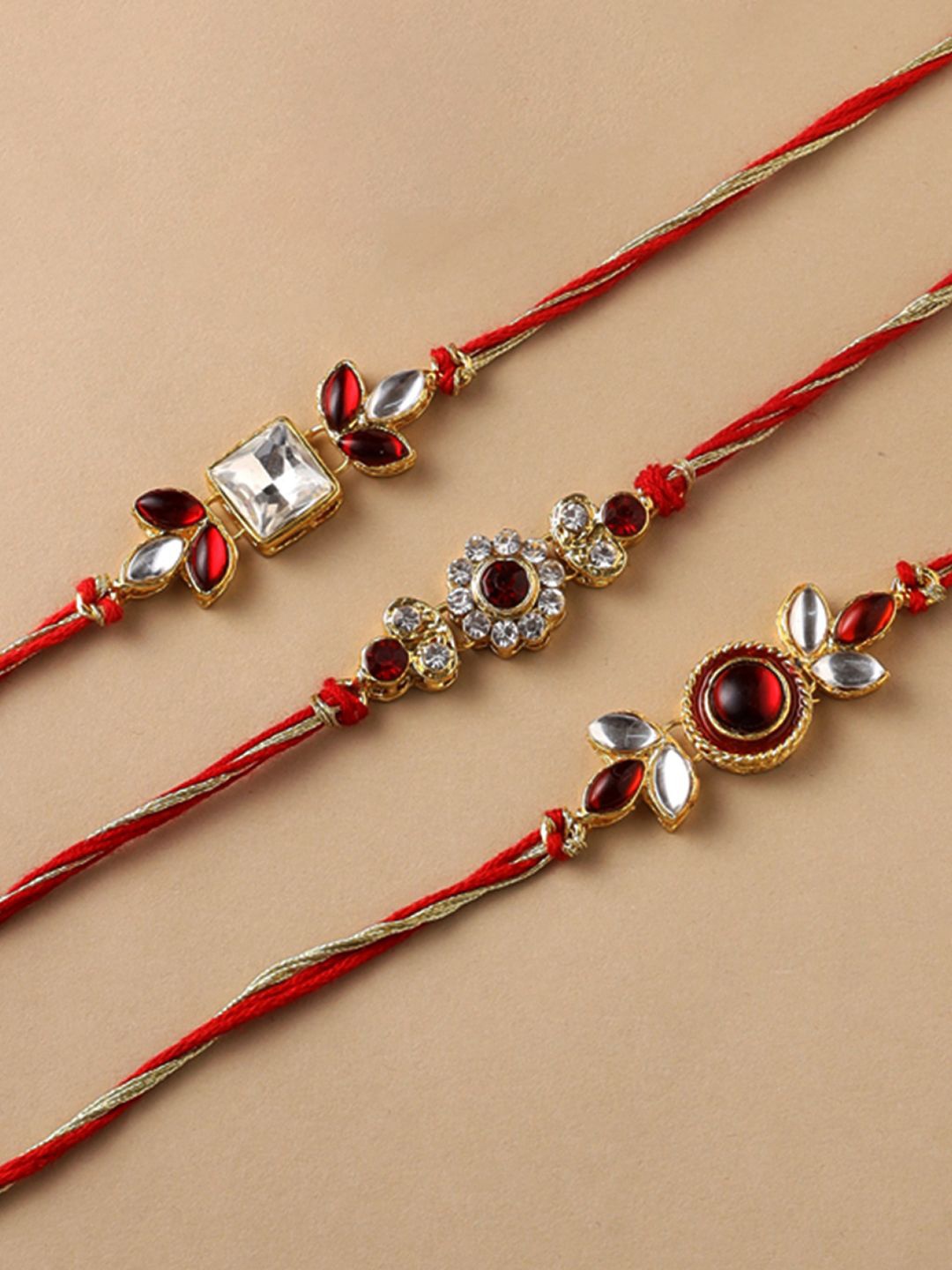 

CraftVatika Set Of 3 Stone Studded Rakhis With Greeting Card, Red